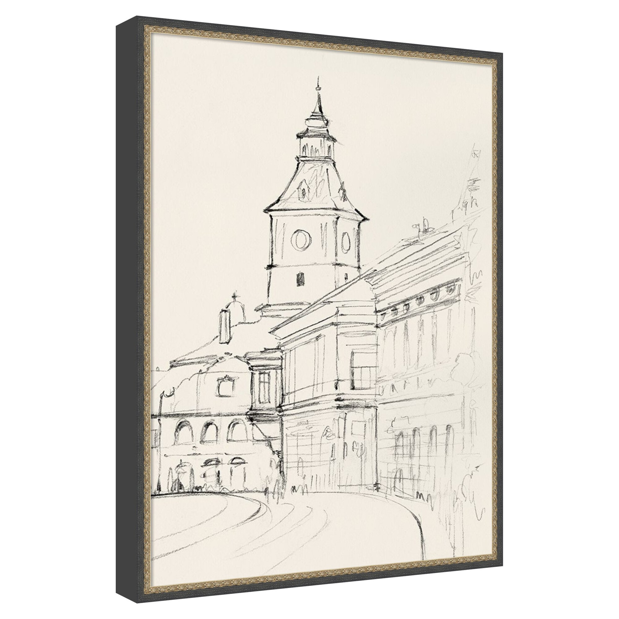 Amanti Art Clock Tower in Quiet Street by PI Studio Framed Mounted Canvas Wall Art Print