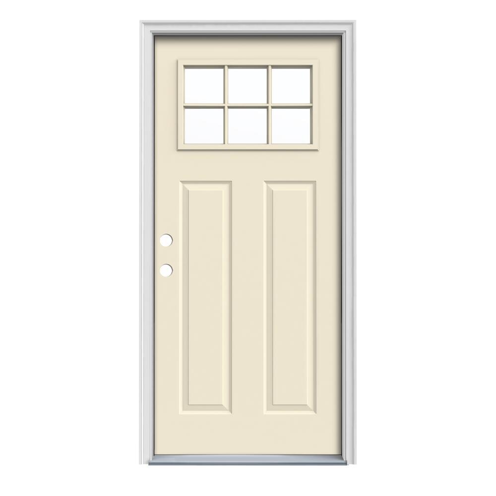 JELD-WEN LOWOLJW182500077 32-in x 80-in x 4-9/16-in Steel Craftsman Right-Hand Inswing Bisque Painted Prehung Front Door with Brickmould Insulating Core