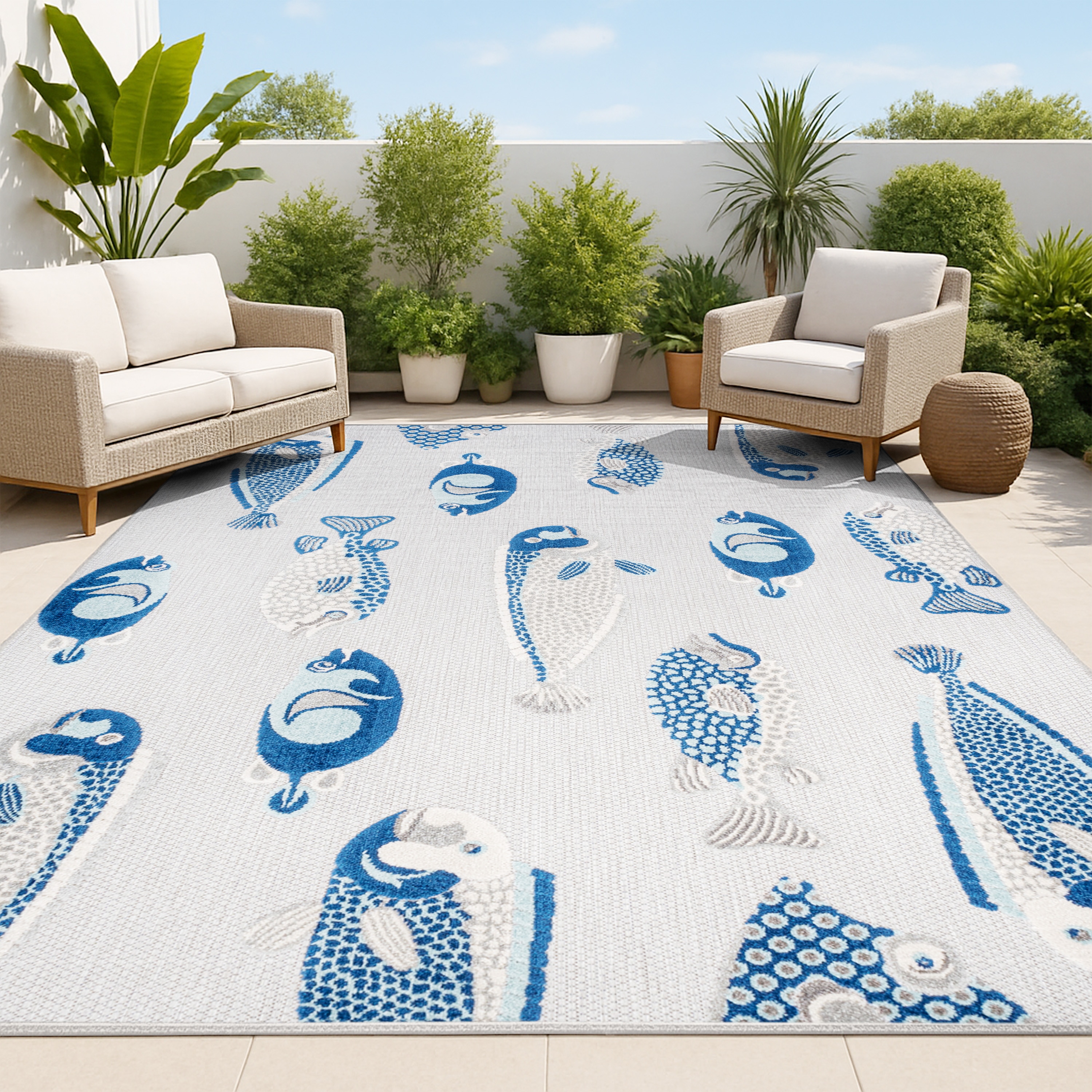 JONATHAN  Y AMC114B-4 Amalfi Coast Nerja Coastal Fish High-Low 4 x 6 (ft) Loomed Polypropylene Gray/Navy Rectangular Indoor/Outdoor Animal print Coastal Area rug