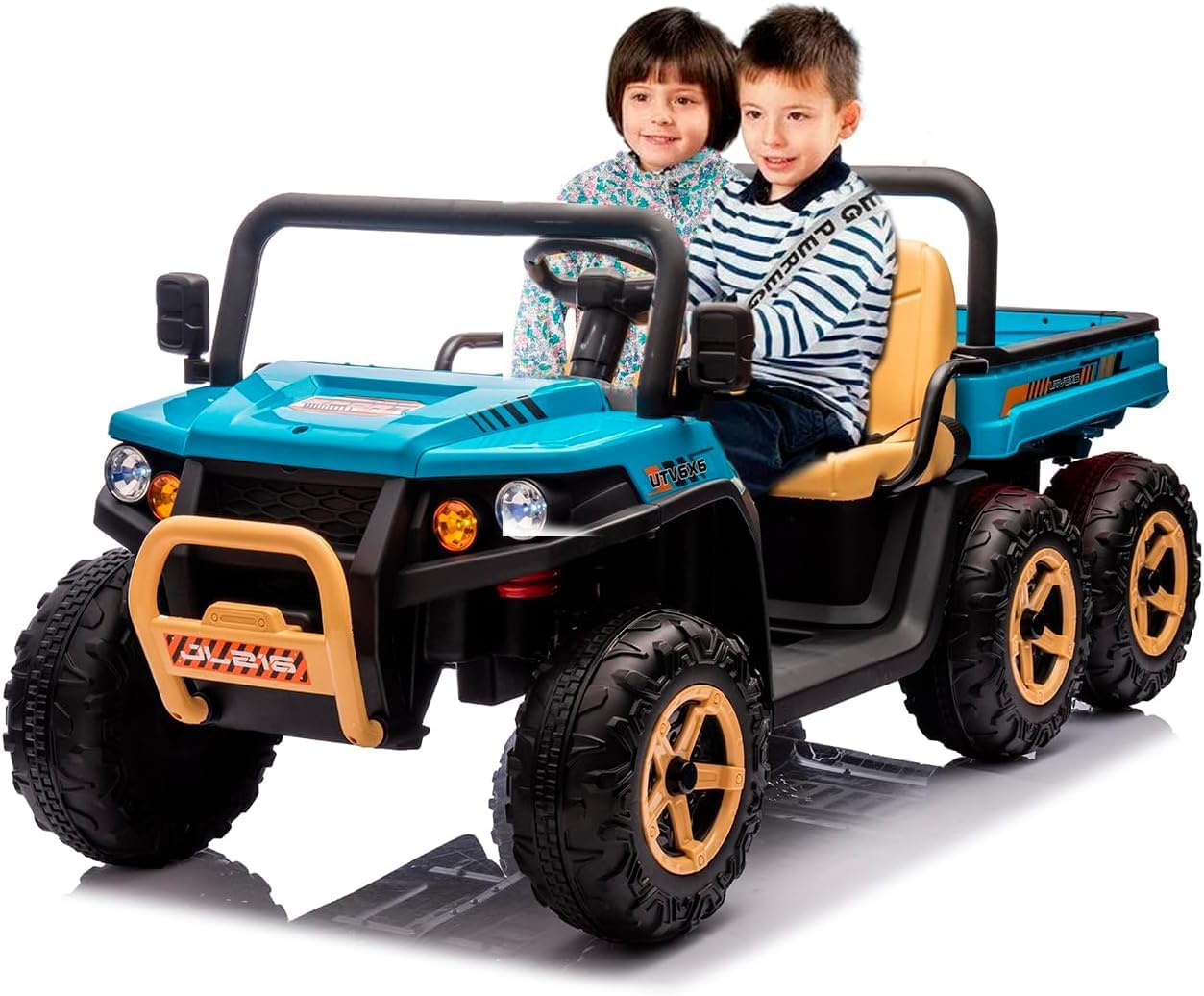Qeetex TCPTO0ZIC8381 24V Kids UTV Ride On Dump Truck With Parent Remote Control Four Motors Led Lights Music And Two Seater Blu