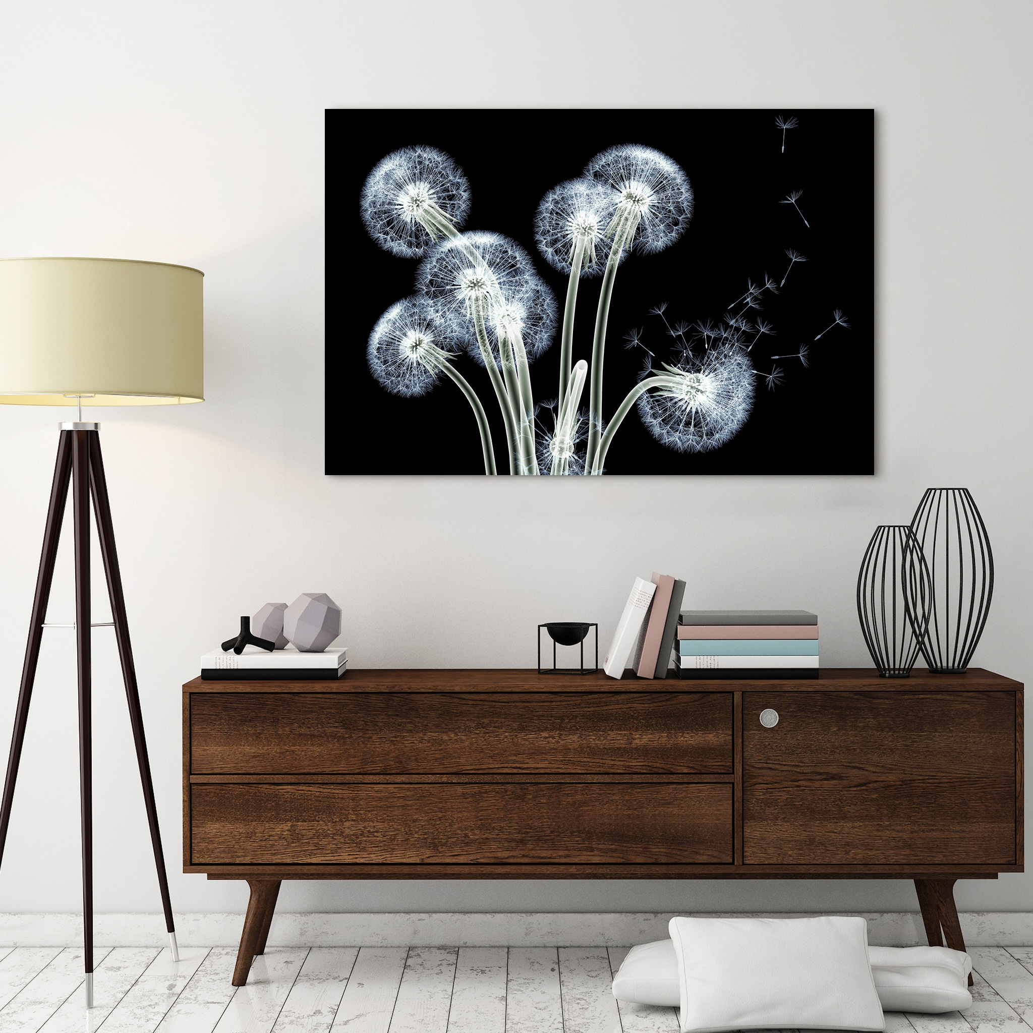 Dancing Dandelions Black and White Tempered Glass Wall Art
