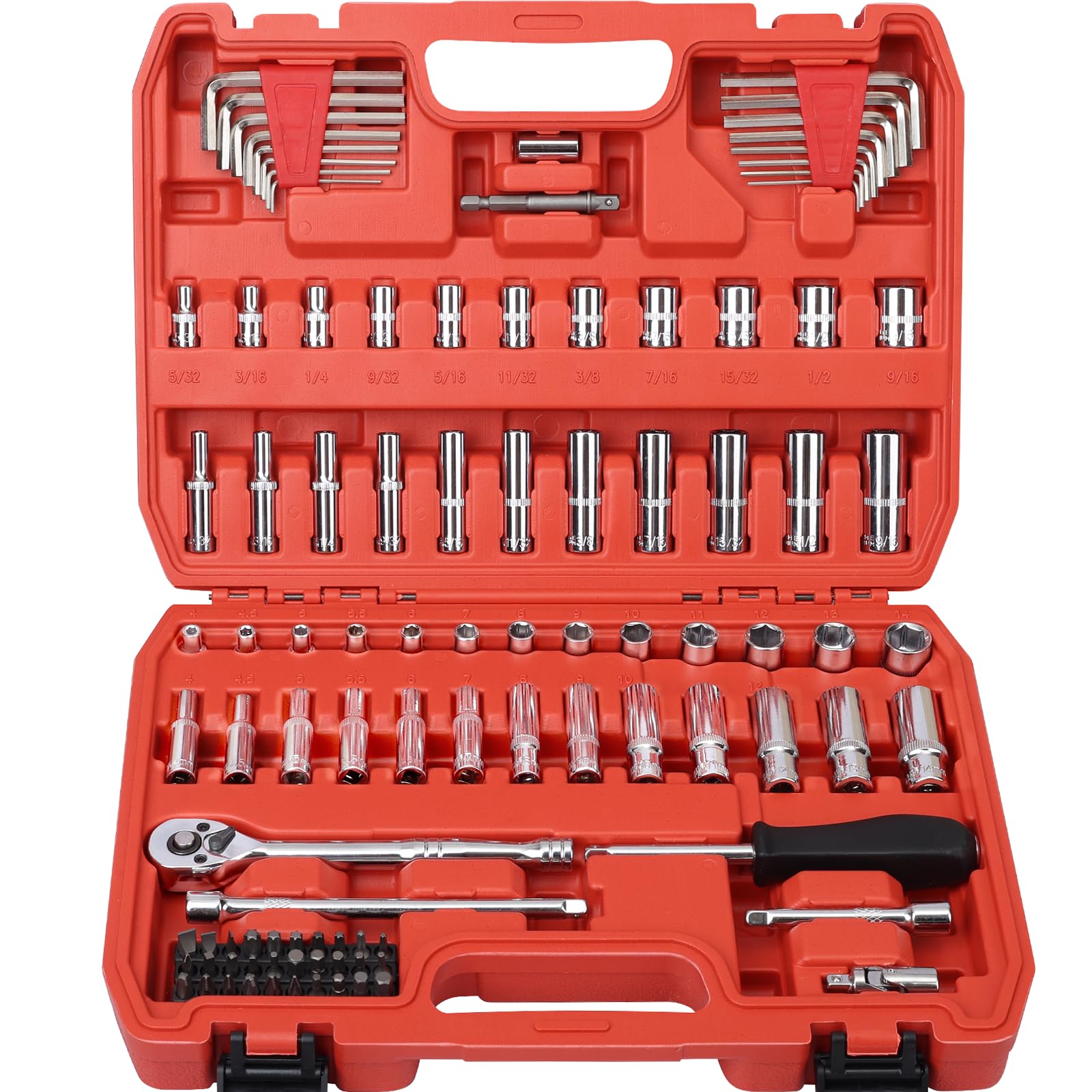Linder Group Inc Quarter Inch Drive Socket Ratchet Wrench Set 101 Piece Metric 4 to 14 mm SAE Five Thirty Second to Nine Sixteenth 72 Teeth Ratchet Bit Socket