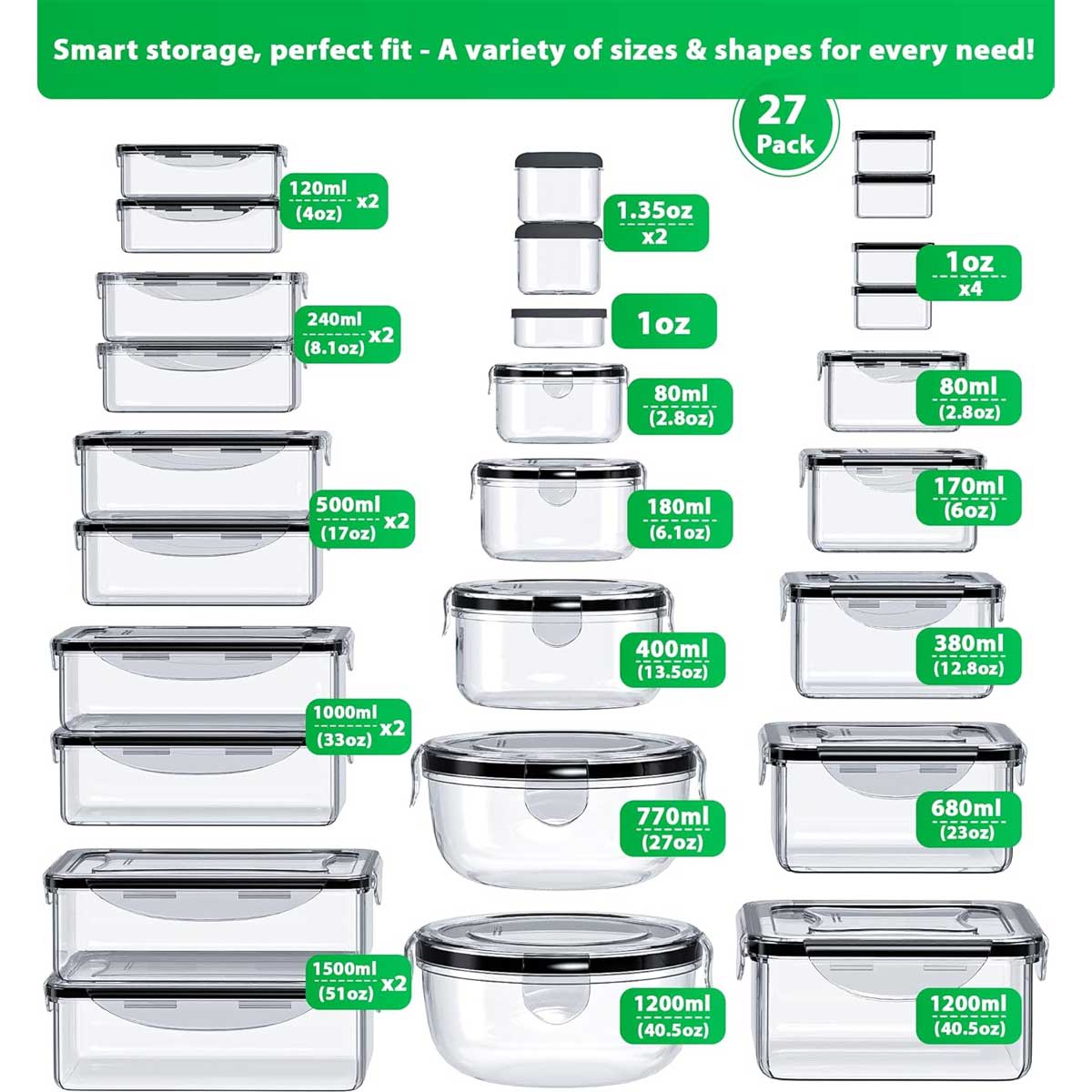 Aoibox 54 Piece Food Storage Containers Set Airtight Leakproof BPA Free ...
