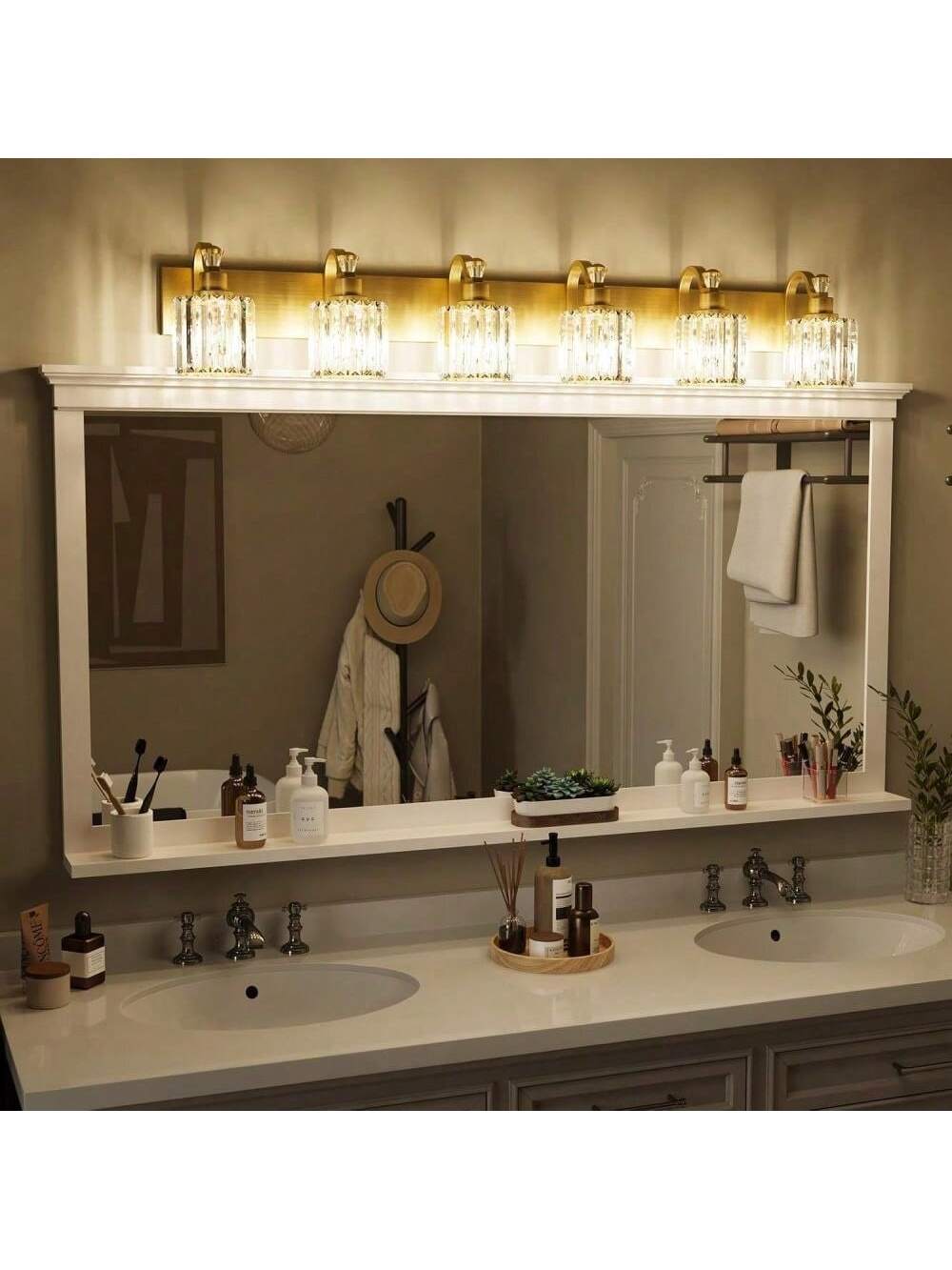 Qeetex PHO-1593SXB1-HF4 6 lamp gold modern crystal bathroom vanity lamp. bathroom mirror lamp crystal vanity mirror shower light. mirror glass crystal bathroom vanity lighting fixture. suitable for bathroom bedroom indoor lamps