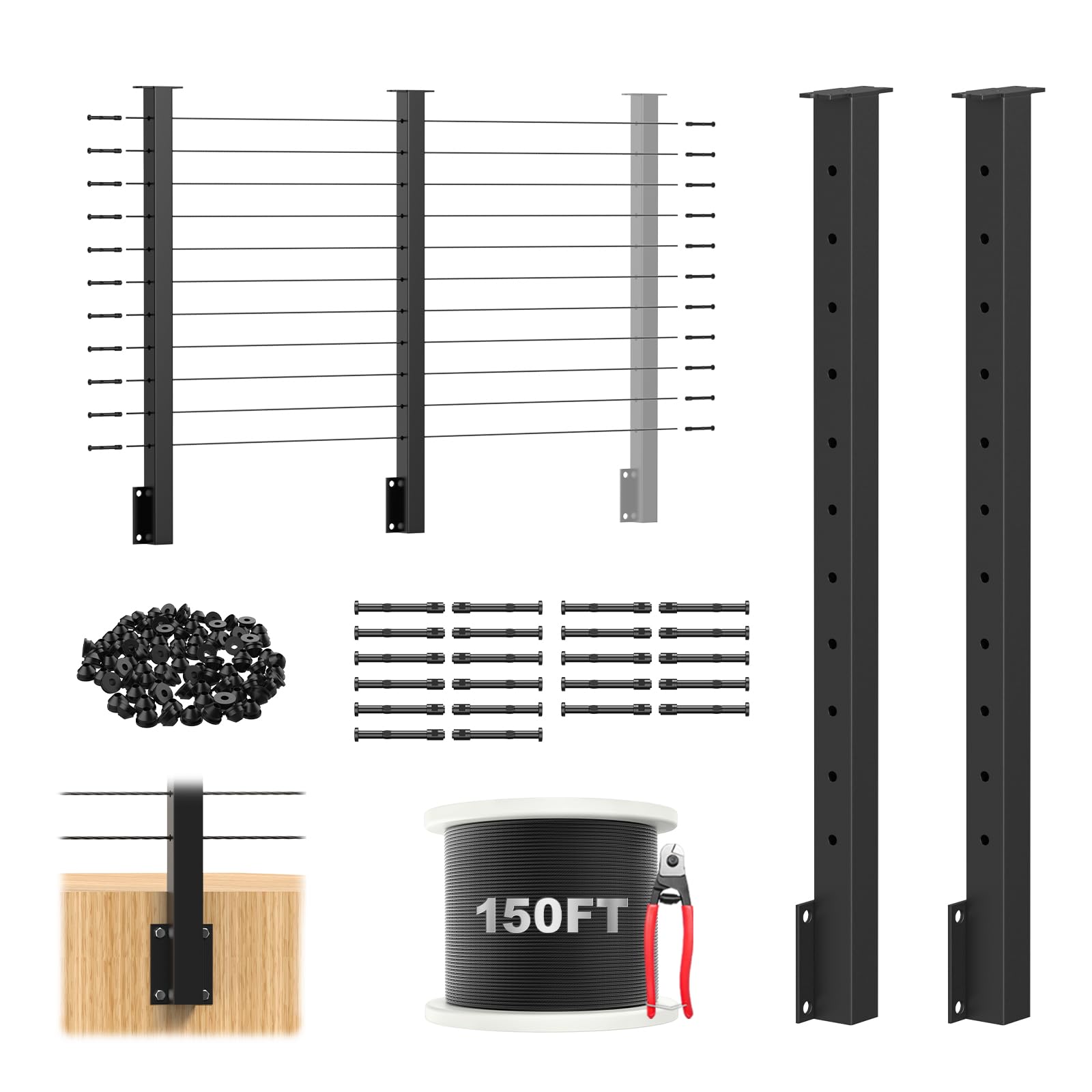 DYRCJ  36 inch Side Mount Cable Railing Post Kit Includes 2 Pack Flat Top Level Drilled Posts 150 Feet Wire Rope Black Fascia Mount Cable