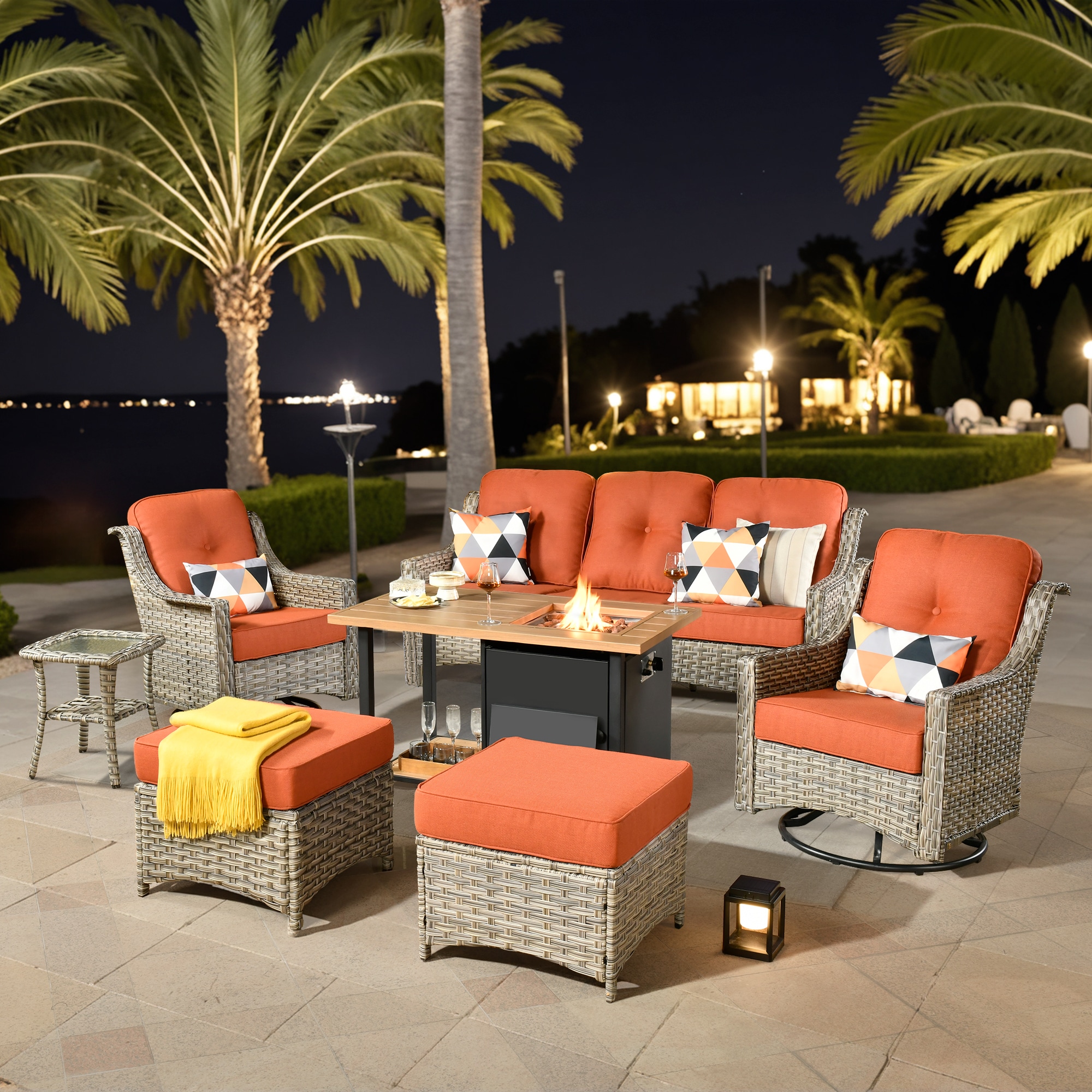 weaxty HMBDFP-YZPAD8071 Aireno 7 -Piece Rattan Patio Sofa Conversation Set with Orange Cushions