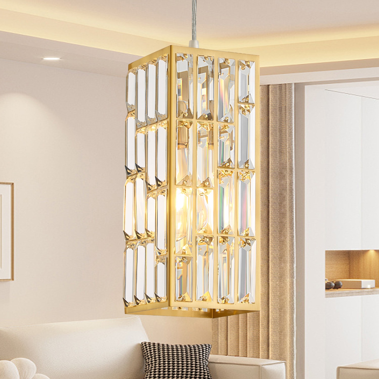 POWLIG 1 -Light Gold Modern/contemporary Aluminum/Crystal Crystal Rectangle Small Hanging Pendant Light