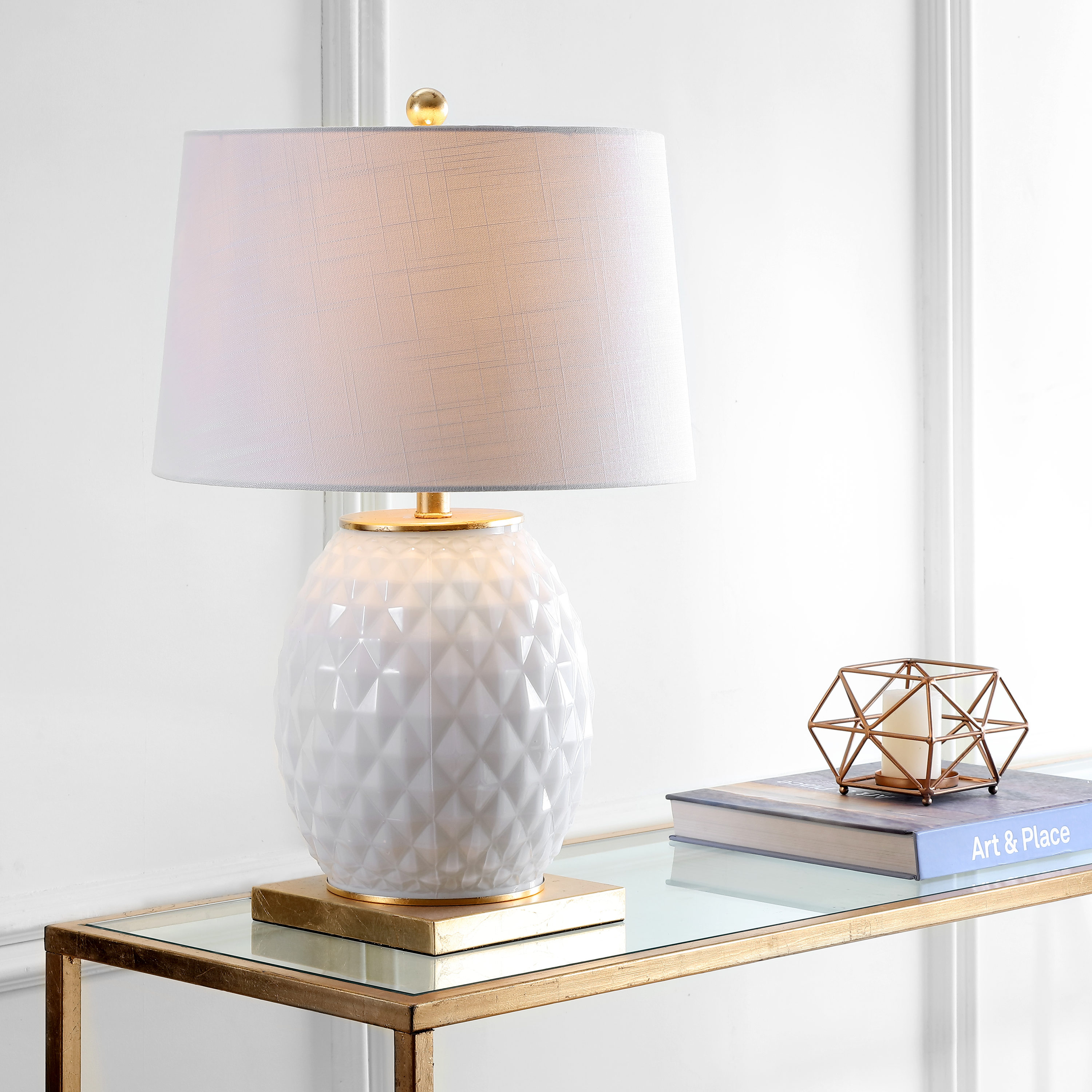 JONATHAN  Y JYL5043A Diamond Glass/Metal Transitional 25.5-in White/Gold LED Incandescent Rotary socket Table Lamp with Linen Shade