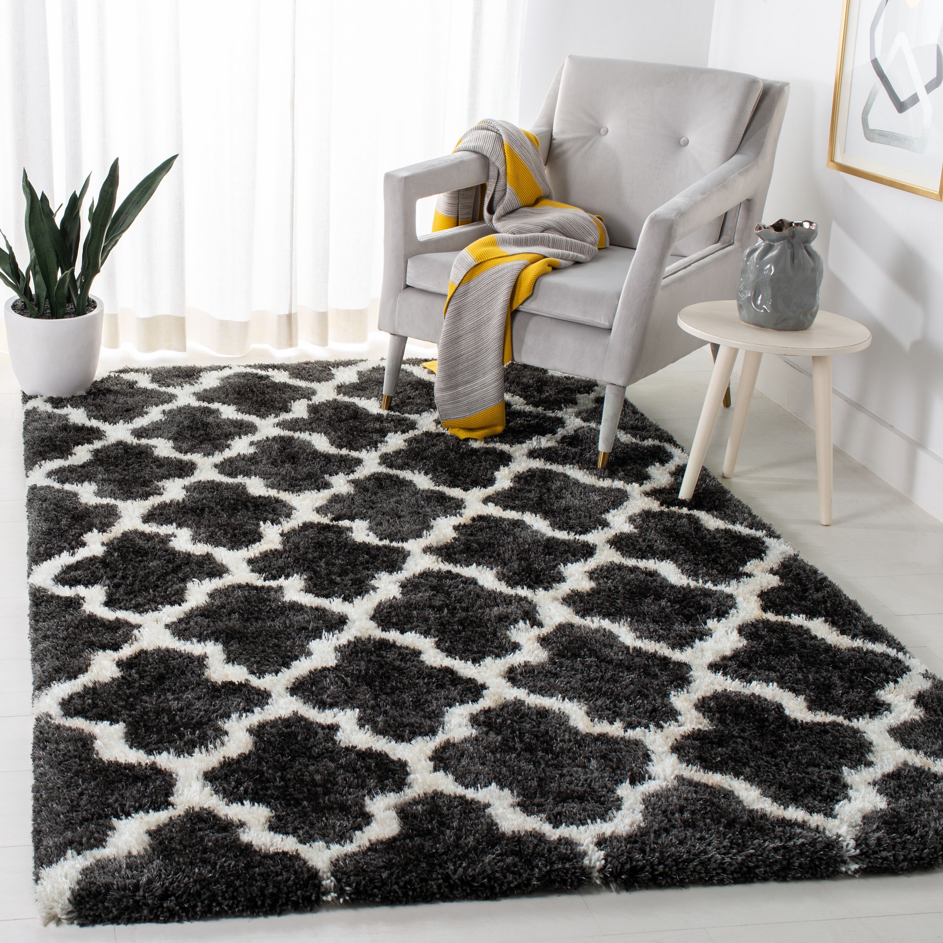 Safavieh BSG319D-3 Barcelona Tallis Shag 3 x 5 (ft) Tufted Synthetic Graphite/Ivory Rectangular Indoor Trellis Moroccan Throw rug