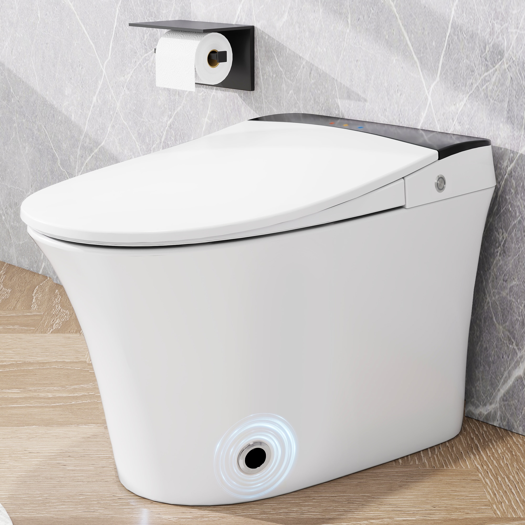 LUXEYARD Heated Seat Smart Toilet One Piece Toilet Automatic Flush Tankless Toilet without Bidet with Foot sensor Flush Blue Night Light Knob Control Power Outage Flushing Soft Close CoverWhite
