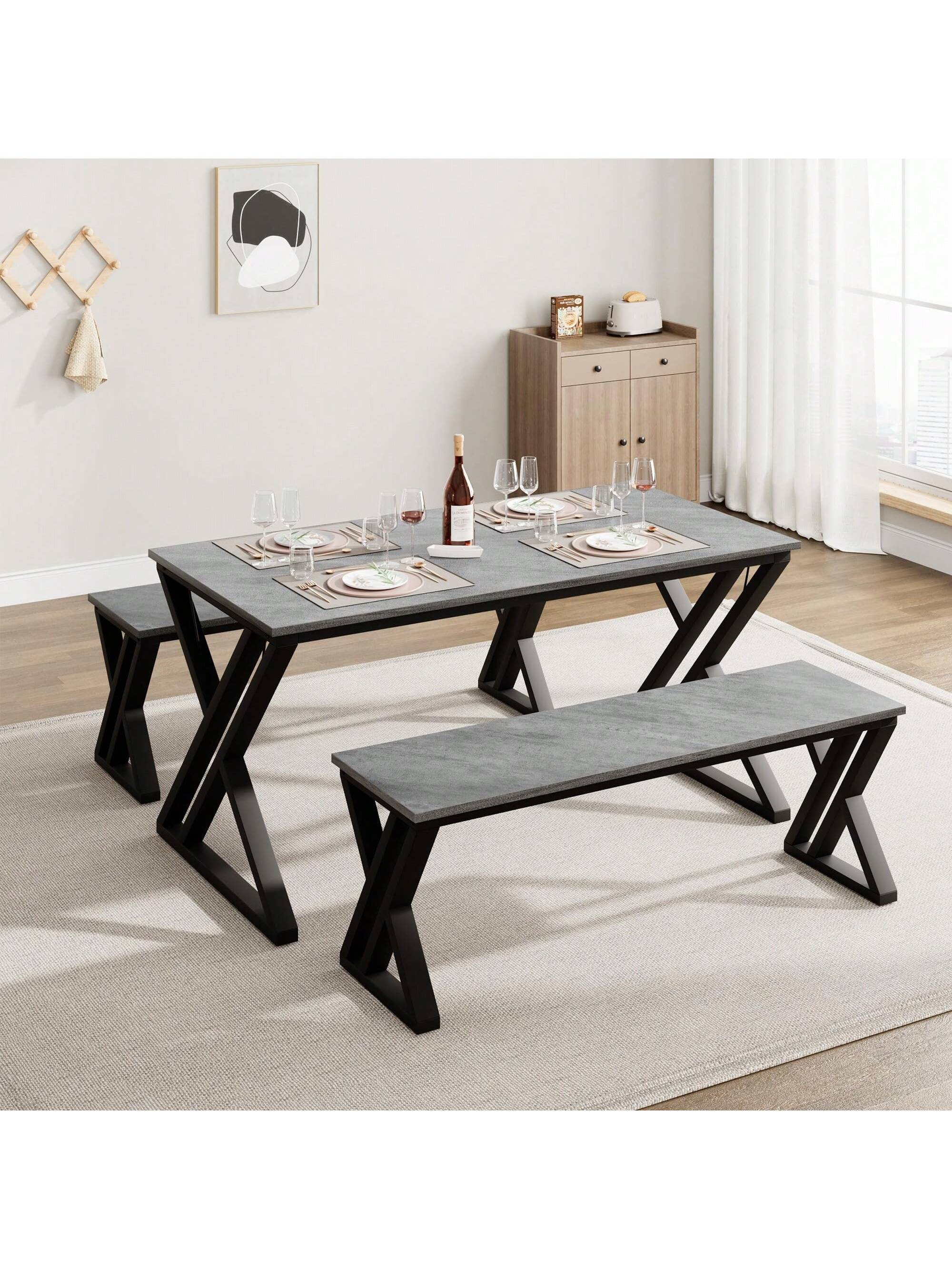 Qeetex BY-PHO-0ZP77SY7 Kitchen Table With Benches Dining Table Set For 4 Saving Space Dining Room Table Set For Kitchen Dining Room Apartment Sturdy Metal Frame