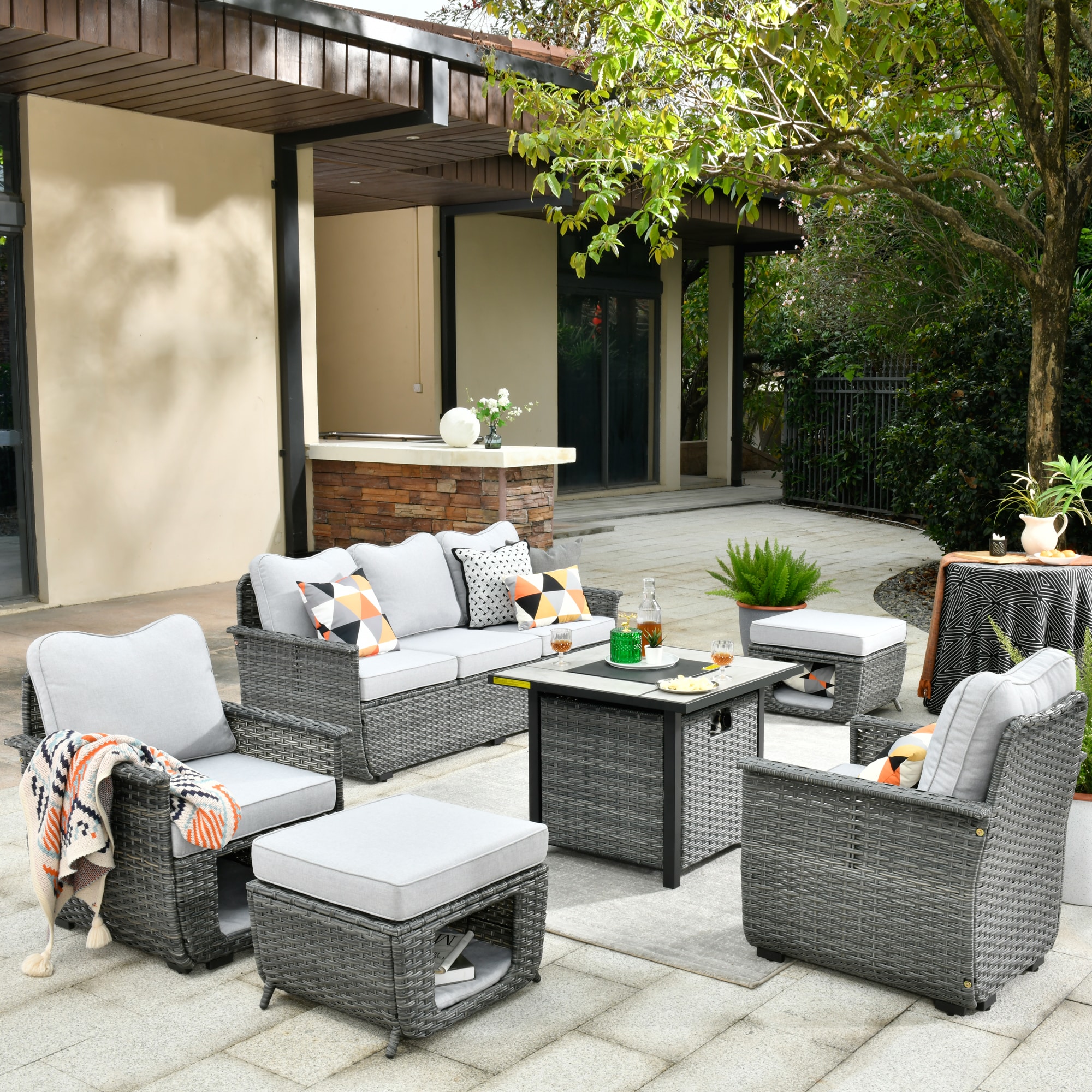 Pouuin SPET4006 6 -Piece Rattan Patio Sofa Conversation Set with Blue Cushions