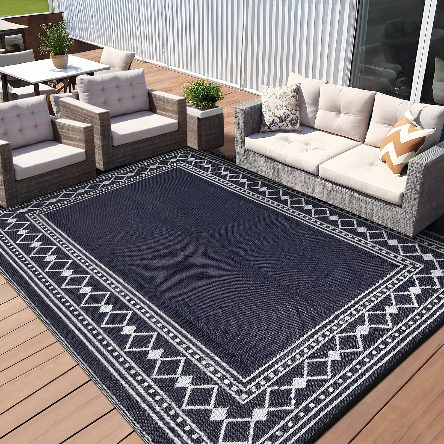 Aoile 10x14 Outdoor Rug - Modern Geometric - Water Resistant and Reversible - for Patio and Backyard - Navy/Clover