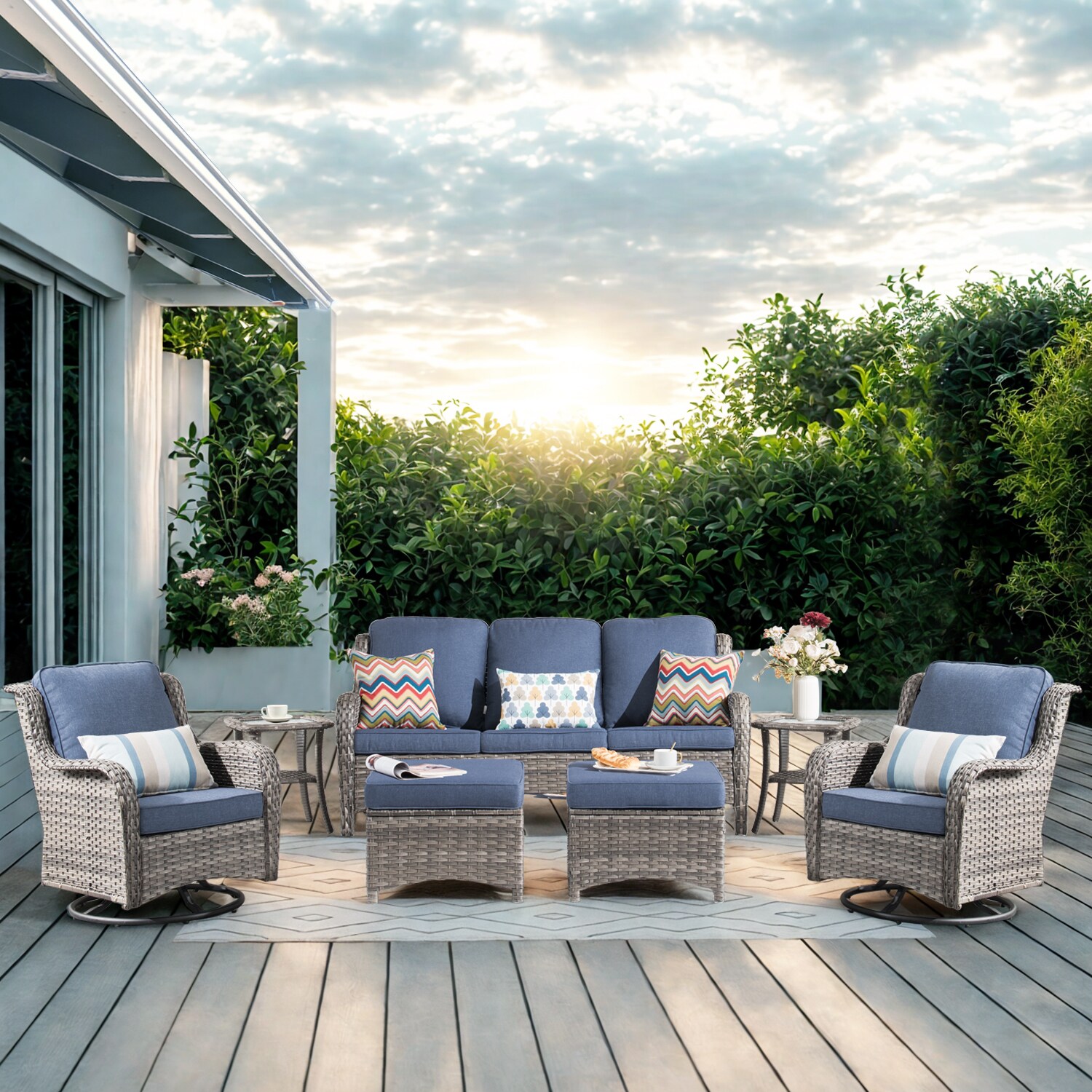 Pouuin SYZGNTC305 7 -Piece Wicker Patio Sofa Conversation Set with Blue Cushions