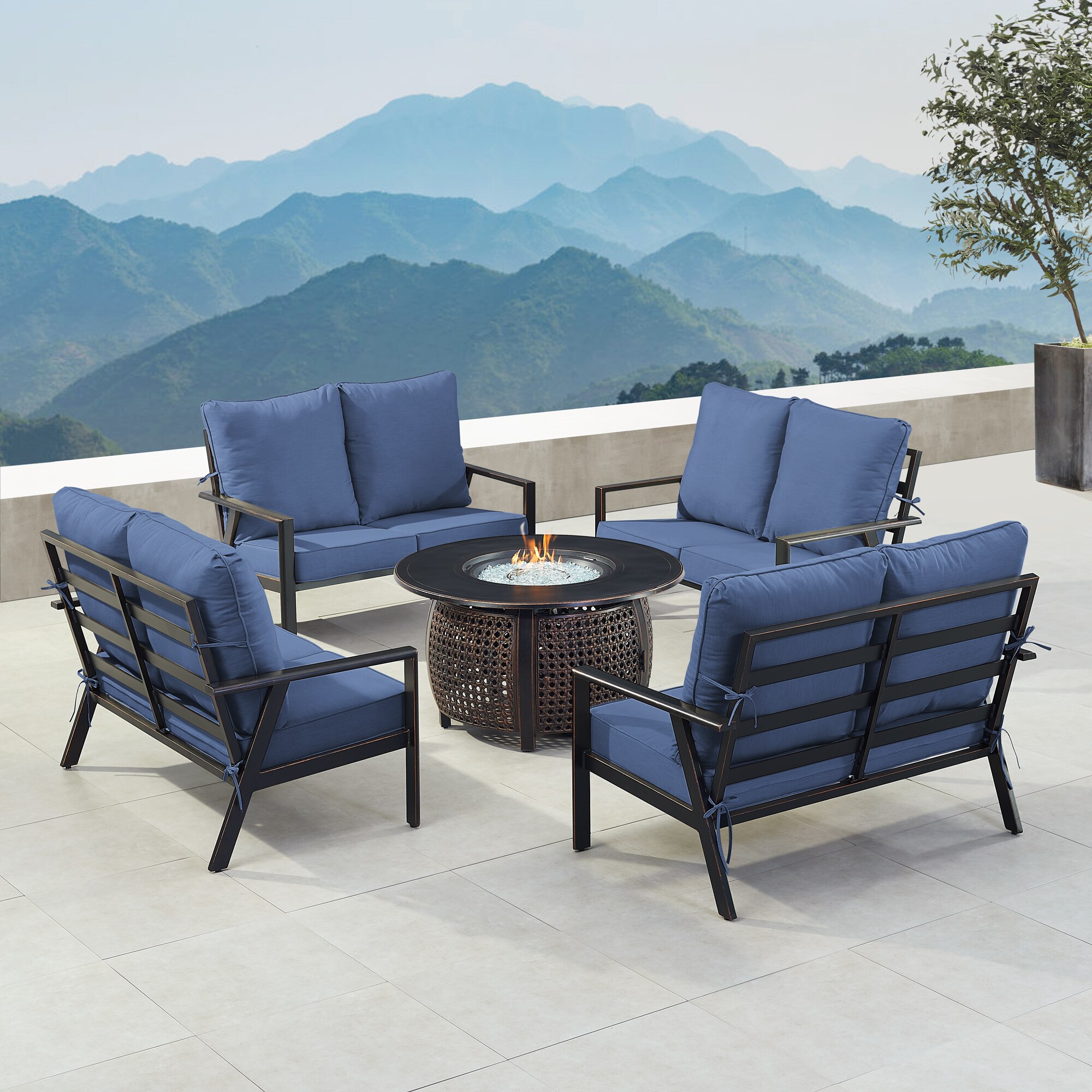 Oakland Living LUX4LSCLIFFBLCU Fire Pit Table Set, Four Loveseats, Wind Guard and Ice Bucket 24 -Piece Patio Conversation Set with Blue Cushions
