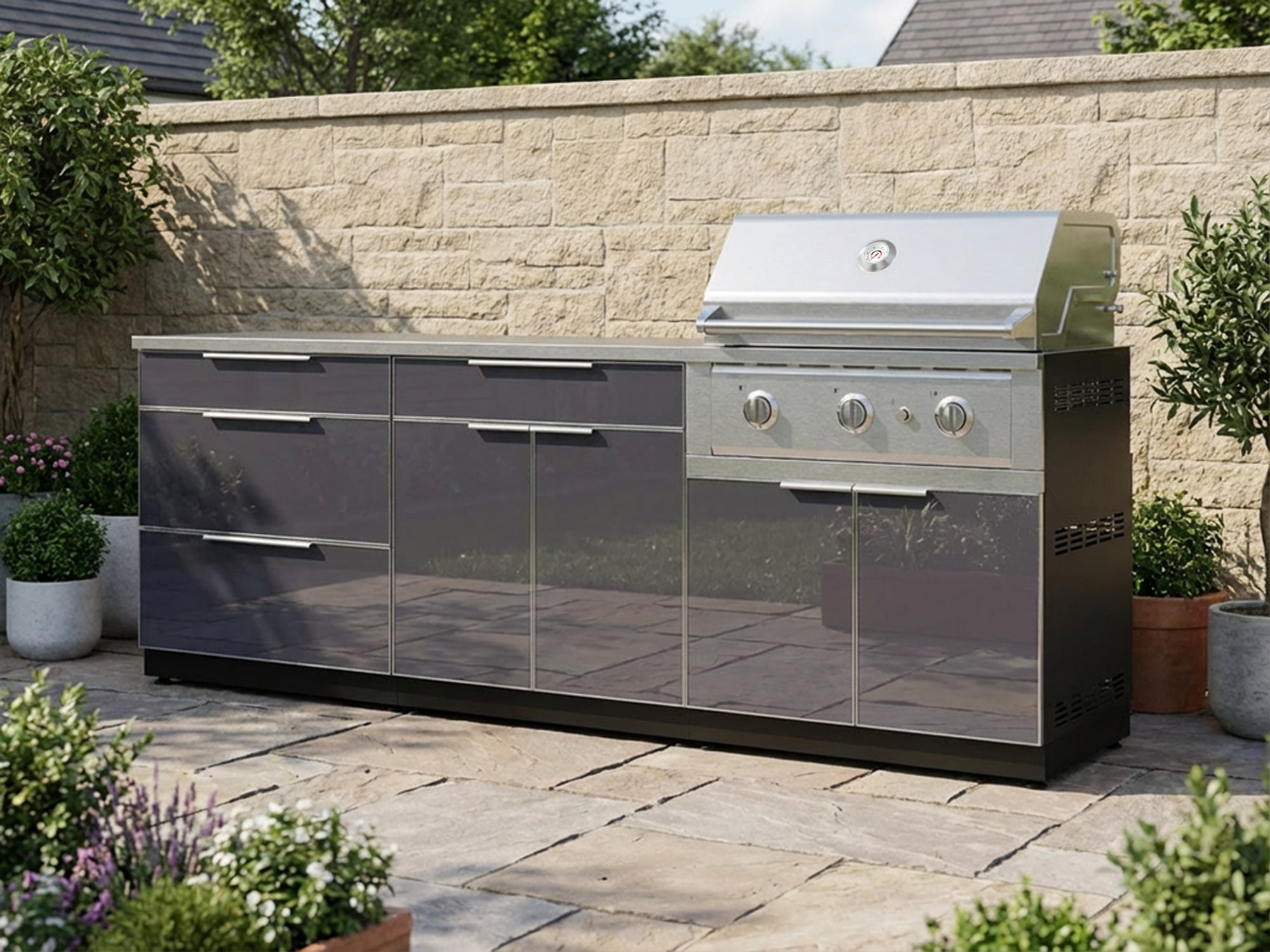NewAge Products Classic Series 97-in W Modular Outdoor Kitchen Cabinet set with grill with 3 -Burners Gas Grill, Slate Gray Powder-coated aluminum Tempered glass panel Door Sansujyuku sansujyuku.com