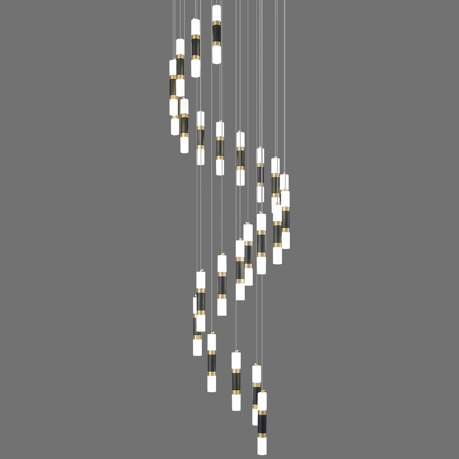 ZHLLMQ Modern 24 Light Black Gold Series Frosted Glass Cylinder Shape Integrated LED 23.62 in Foyer Stairwell Hardwired High Ceiling Cascading Pendant Light Fixture