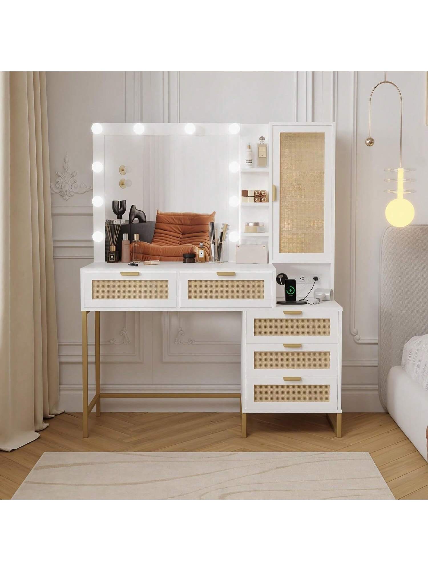 Qeetex PHO-12MDOZ7S-HF4 Makeup Vanity With Lighted Mirror. Vanity Desk With Power Strip. Adjustable Lighting. 5 Drawers. For Bedroom. Dressing Room. White and Gold. Rattan