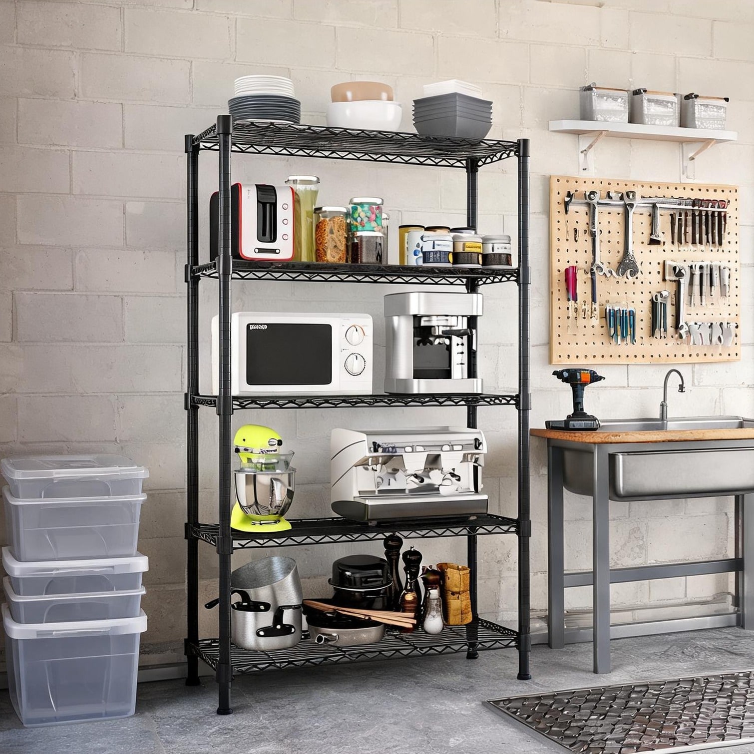 chillscreamni Modern Multi-Tier Storage Shelf Matte Black Plastic-Coated Iron 5 Spacious Layers for Kitchen Pantry Garage or Living Room Organization