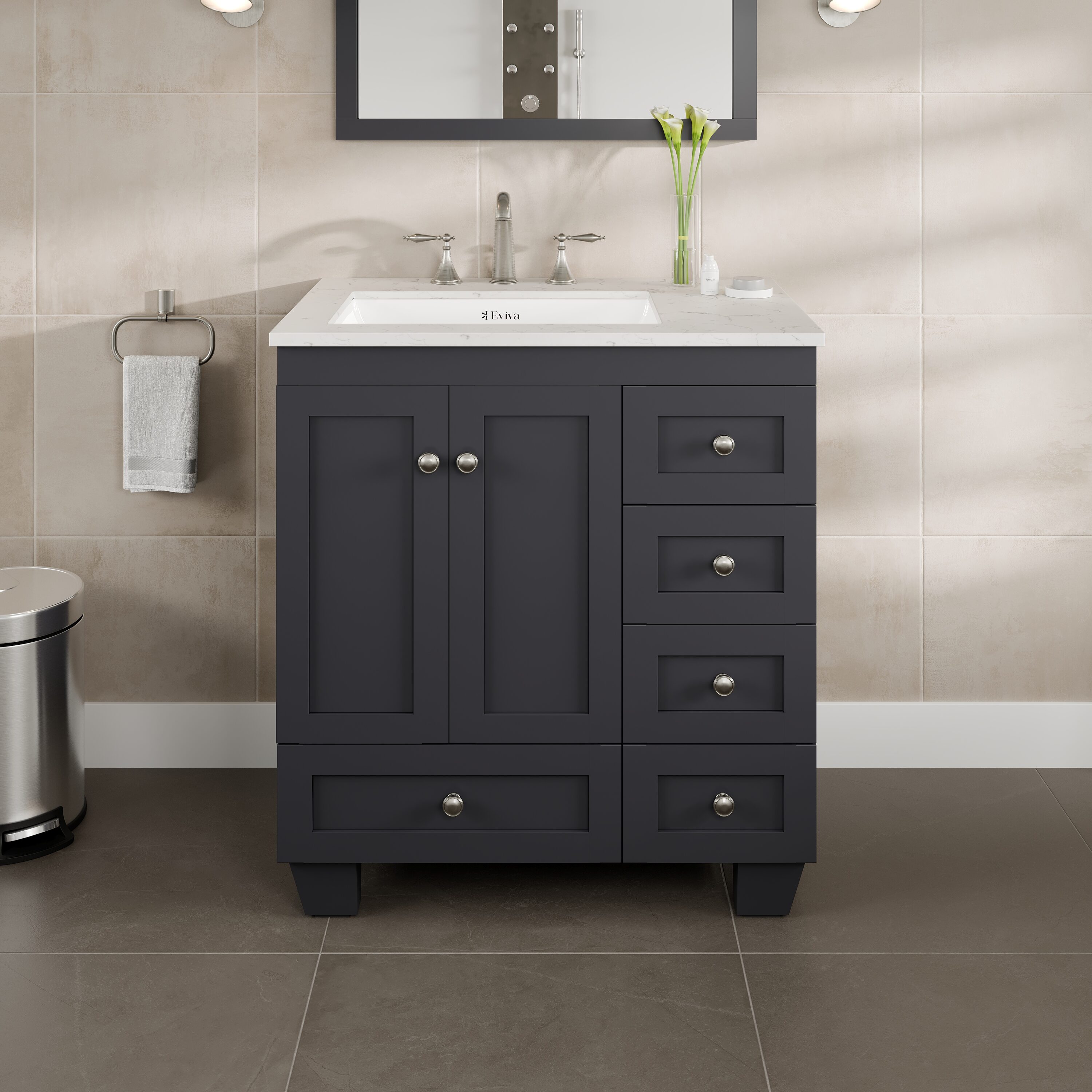 Eviva EVVN69-30DG Acclaim 30-in Dark Gray Single Sink Bathroom Vanity with White Quartz Top