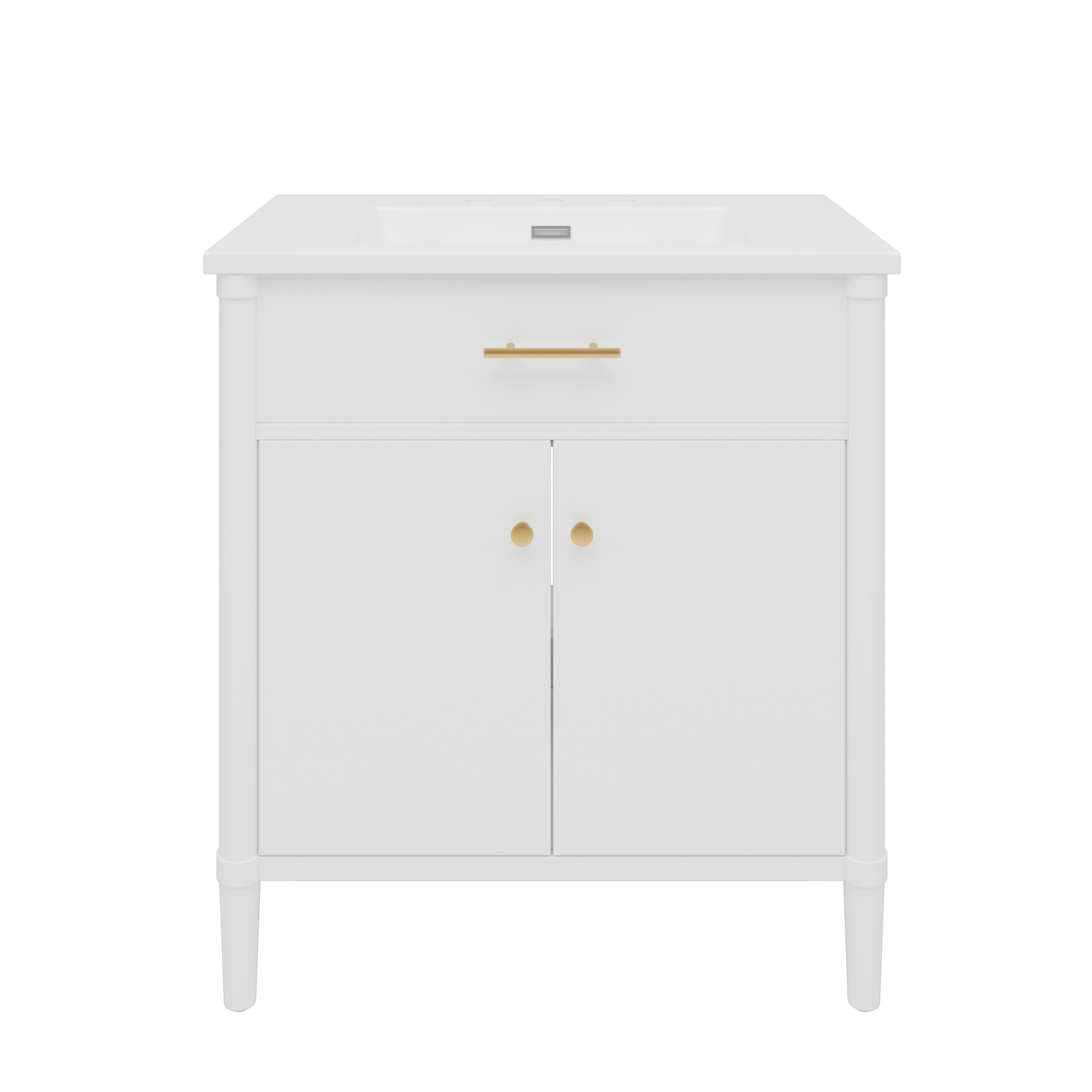 Vynxaria LEXY1429-DJYS-SZT199 31 Inch Classic White Curved Bathroom Vanity with Ceramic Sink One Complete Set Solid Wood Cabinet Soft Close Door Adjustable Shelf