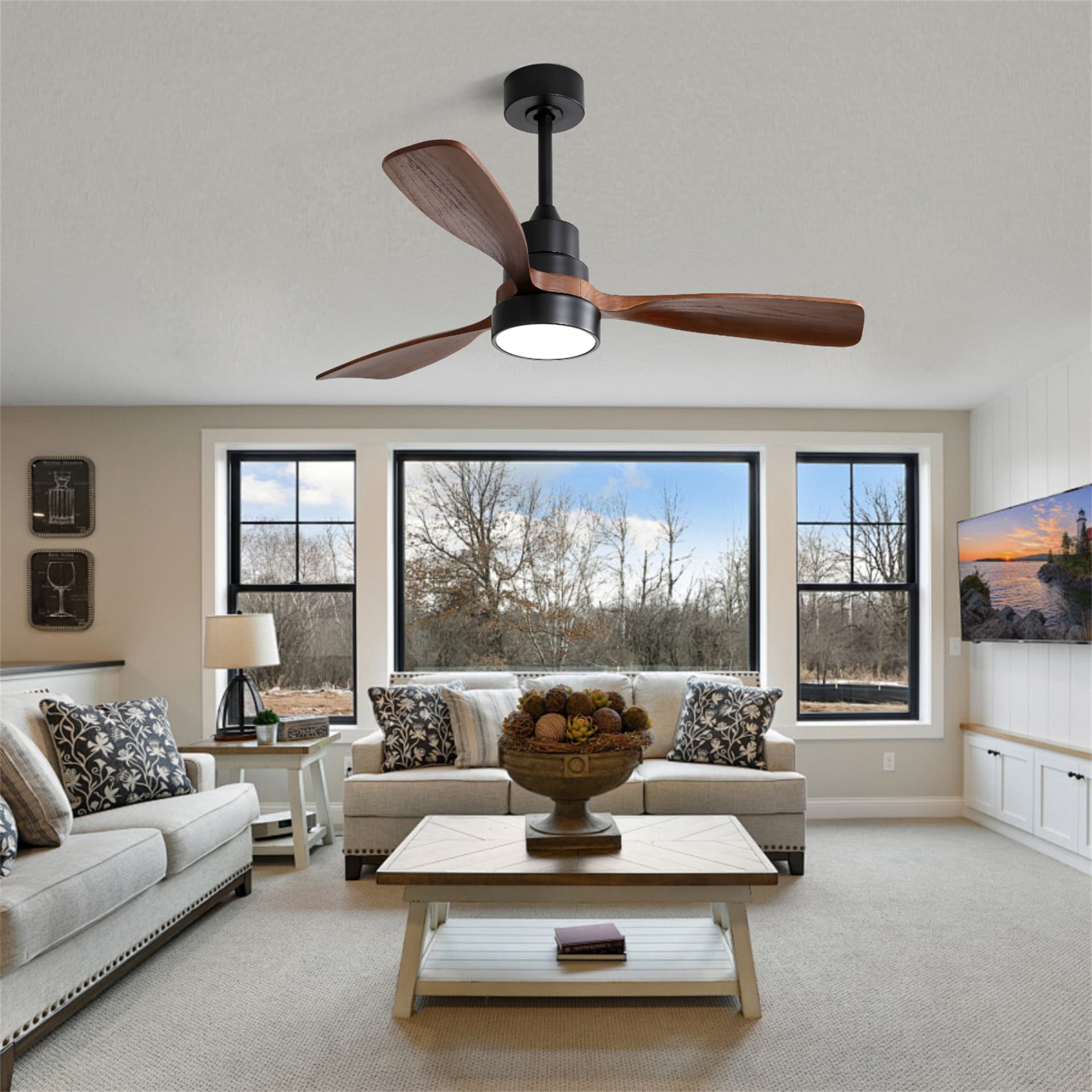 BABOOM BOM-P171236-OR 48-in Integrated LED Matte Black with Brown Blades Ceiling Fan With Light - Remote Included ( 3 -Blade )