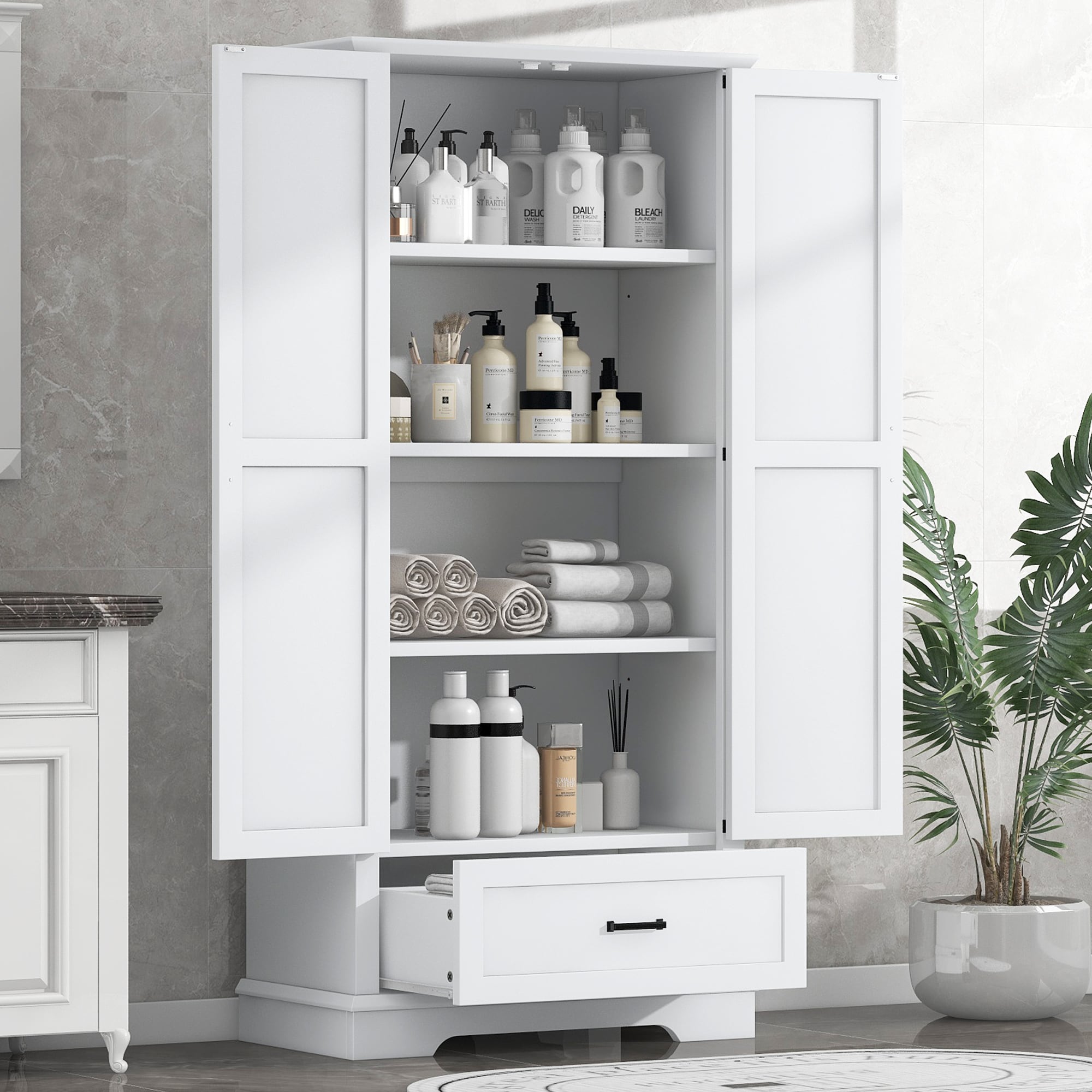 KTMBDW 69-in Tall Bathroom Cabinet 2 Doors Linen Floor Storage Cabinet Bathroom Floor Cabinet with Adjustable Shelf -White