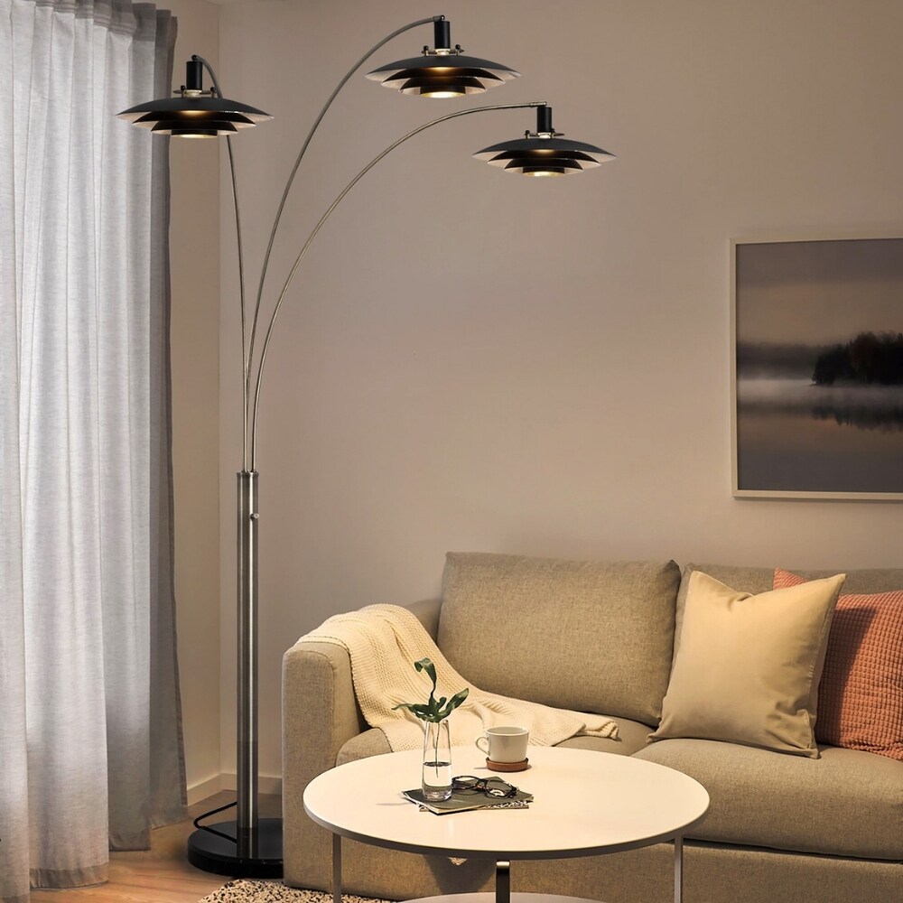 Antique Nickel 3-Light Arc Floor Lamp with Matte Black Shades