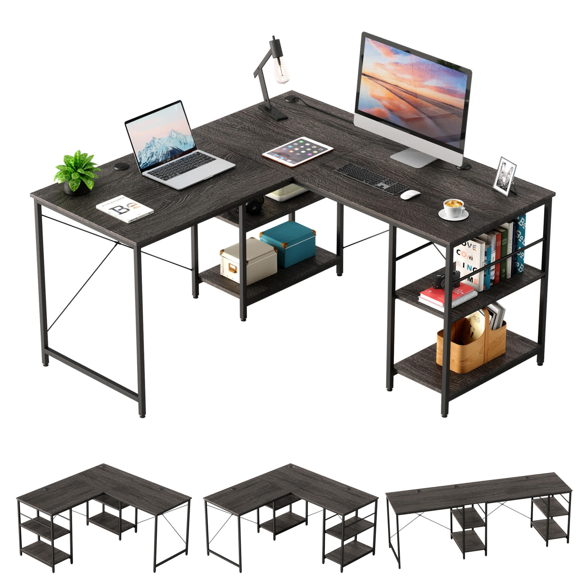 Bestier LOW-D464Y-CHAL 55.12-in W 4-Shelf Charcoal Computer Desk