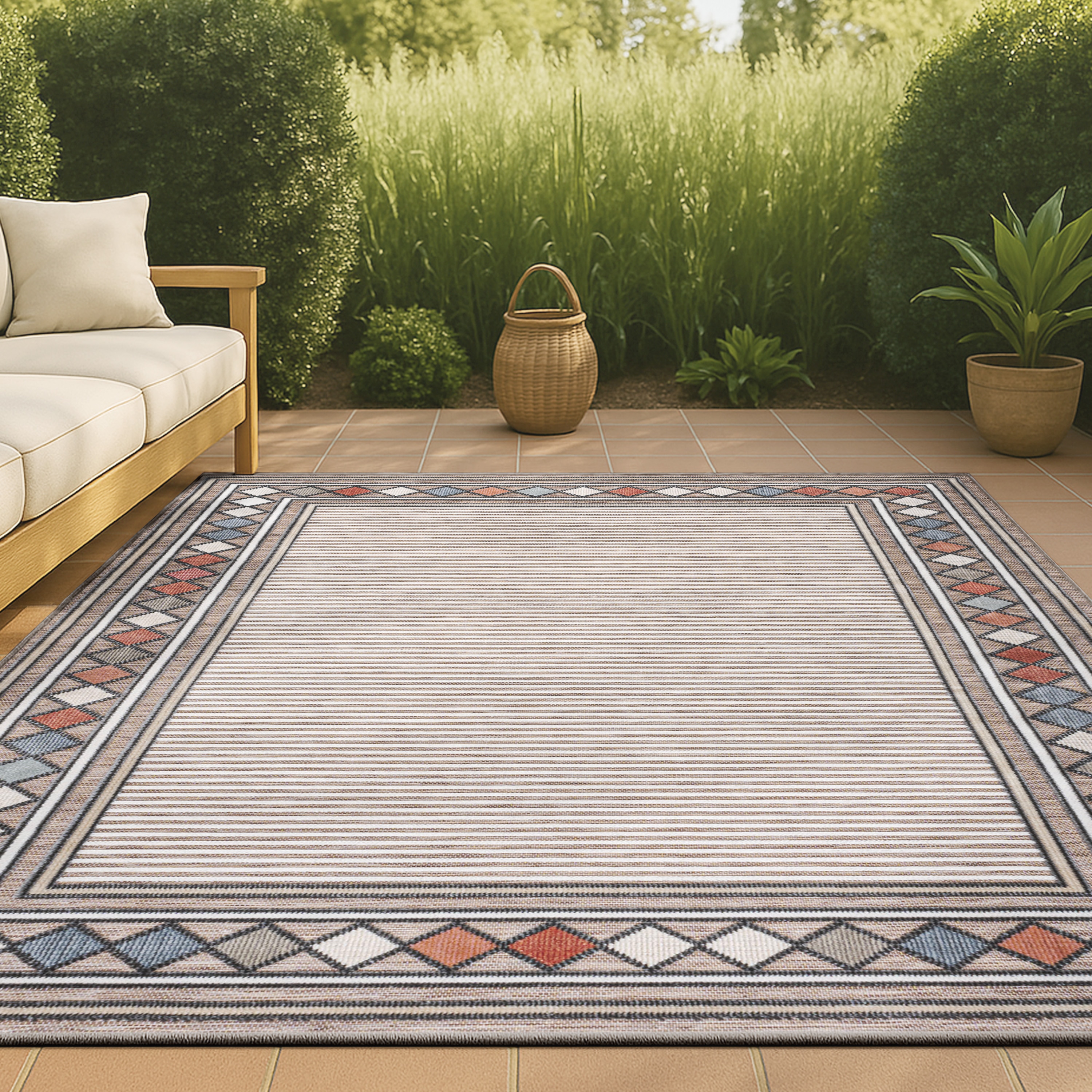 JONATHAN  Y HWC102A-5 Hawaii Sebastian High-Low Modern Diamond Border 5 x 8 (ft) Loomed Polypropylene Brown/Ivory Rectangular Indoor/Outdoor Floral/Botanical Farmhouse/Cottage Area rug