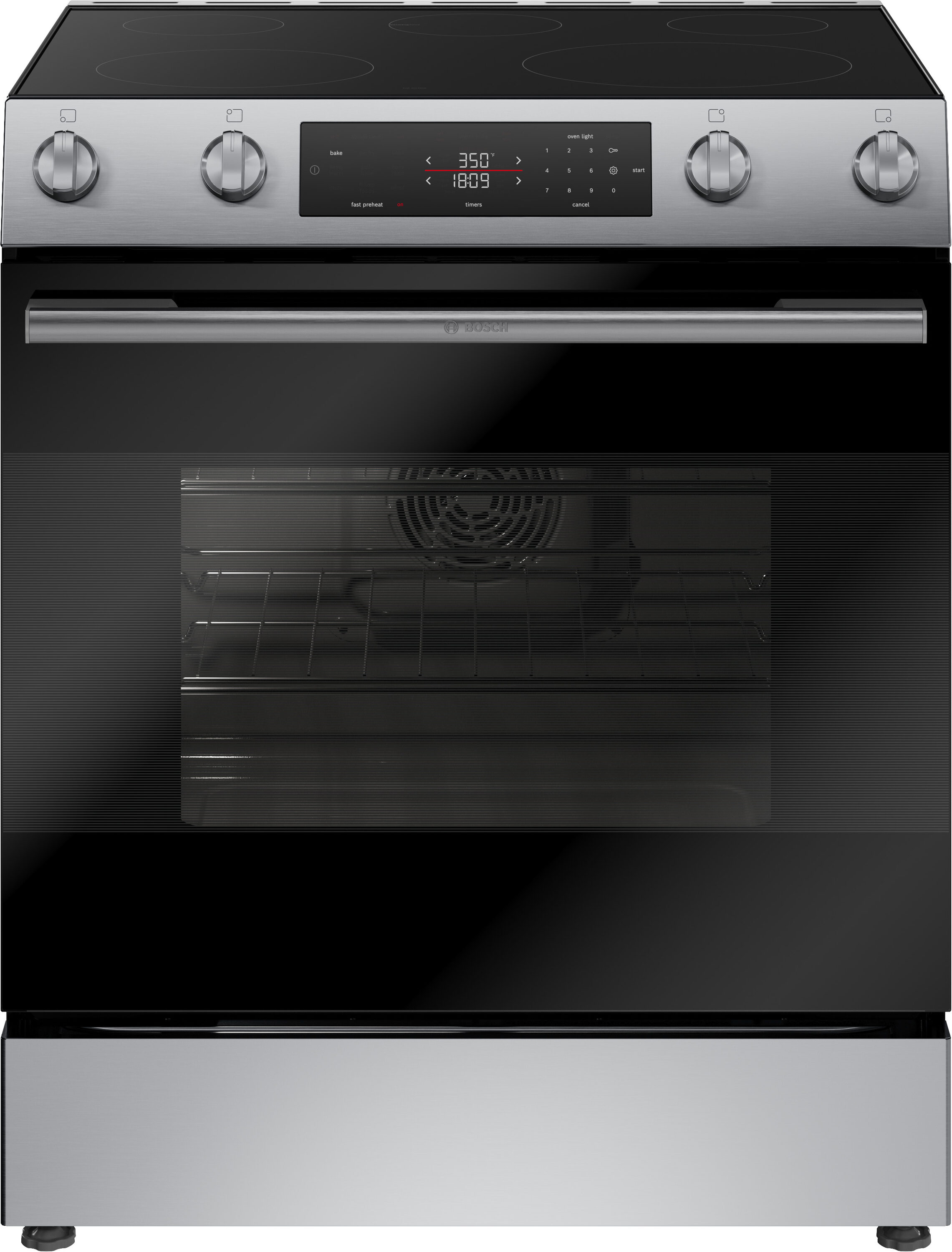 Bosch 100 Series 30-in Glass Top 4 burners 5.8-cu ft Air Fry Convection Oven Slide-In Electric Range ( Stainless Steel ) #HEF1050MU