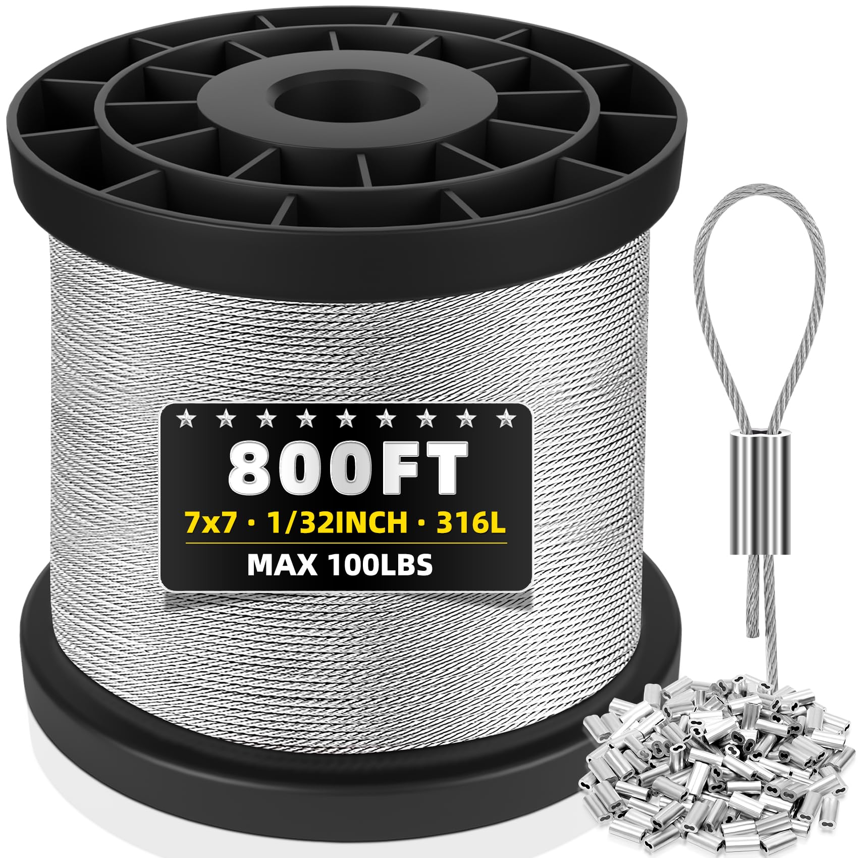 ITOPFOX  316 Stainless Steel Cable 800FT 1 32 Inch Wire Rope Roll with 200pcs Aluminum Sleeves for Hanging Lights Clotheslines Trellis Garden