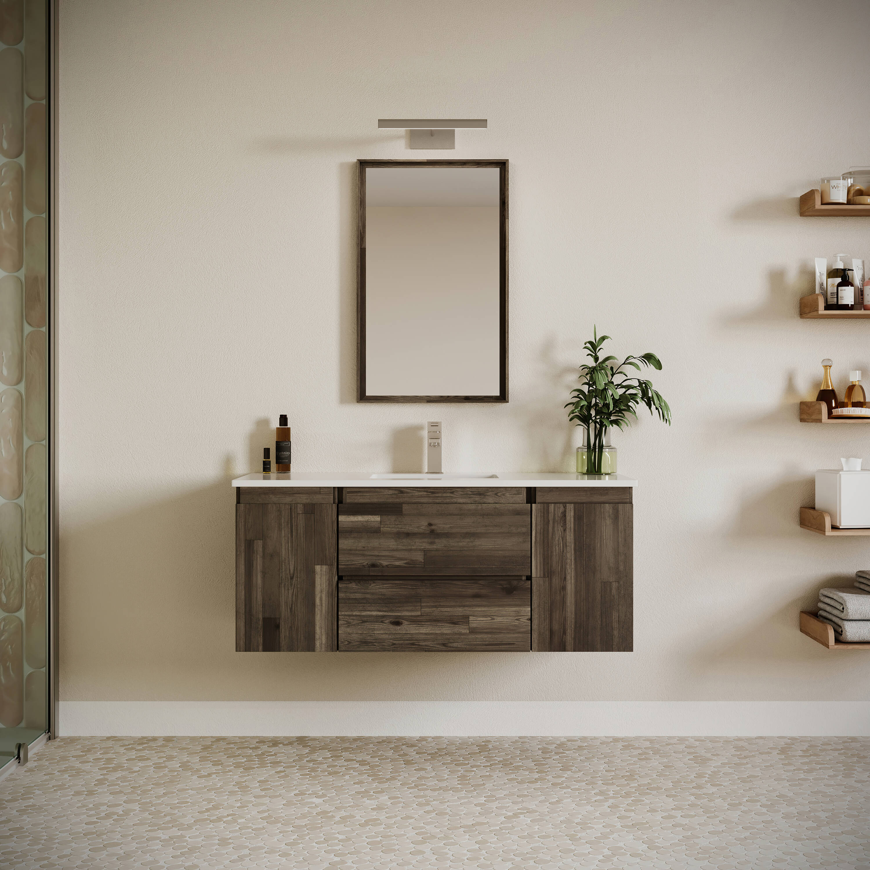 Fresca FVN31-122412ACA Formosa 48-in Acacia Wood Undermount Single sink Floating Bathroom Vanity with White Quartz Top (Mirror Included)