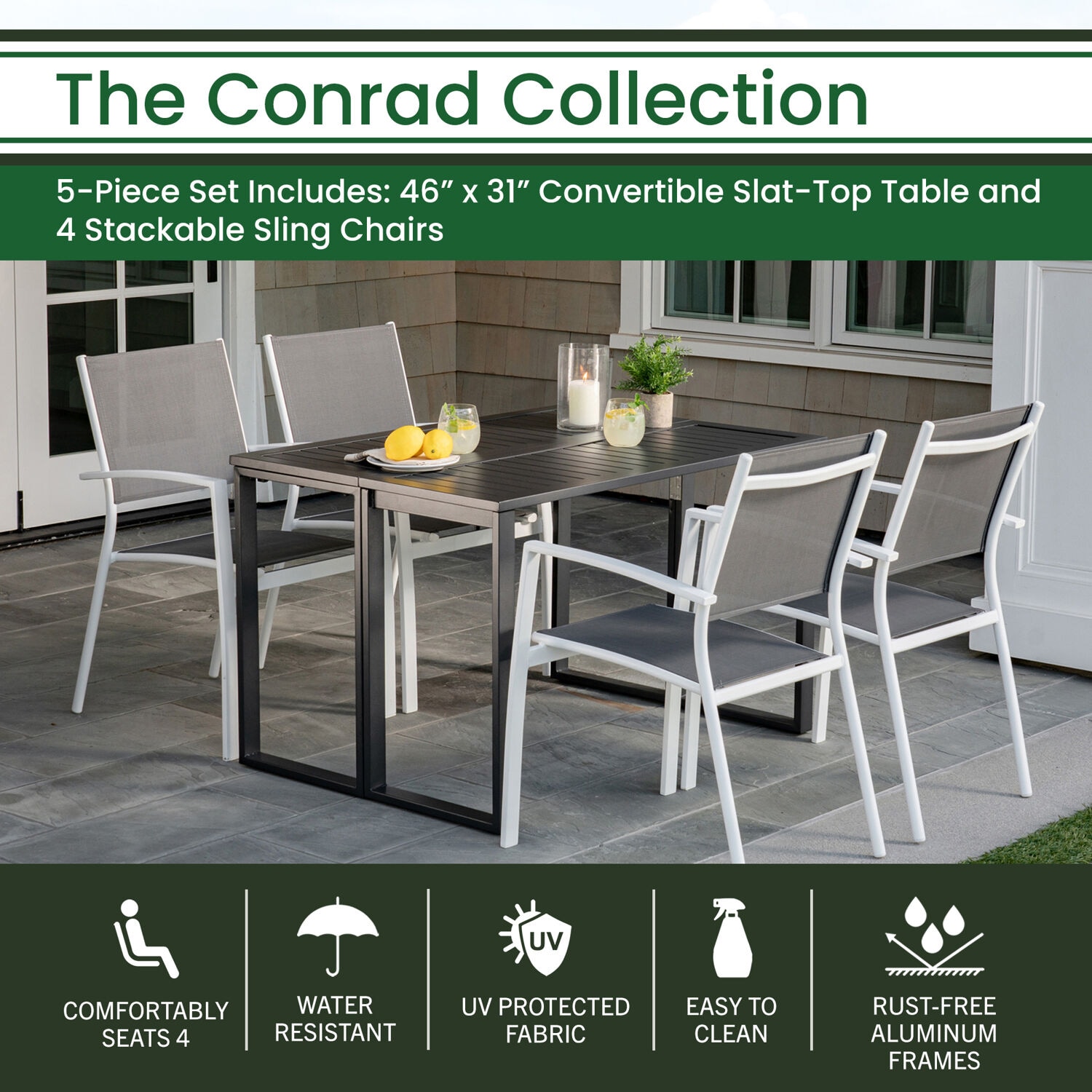 Compact 5-Piece Outdoor Dining Set with Foldable Slat-Top Table and Stackable Chairs in White/Gray