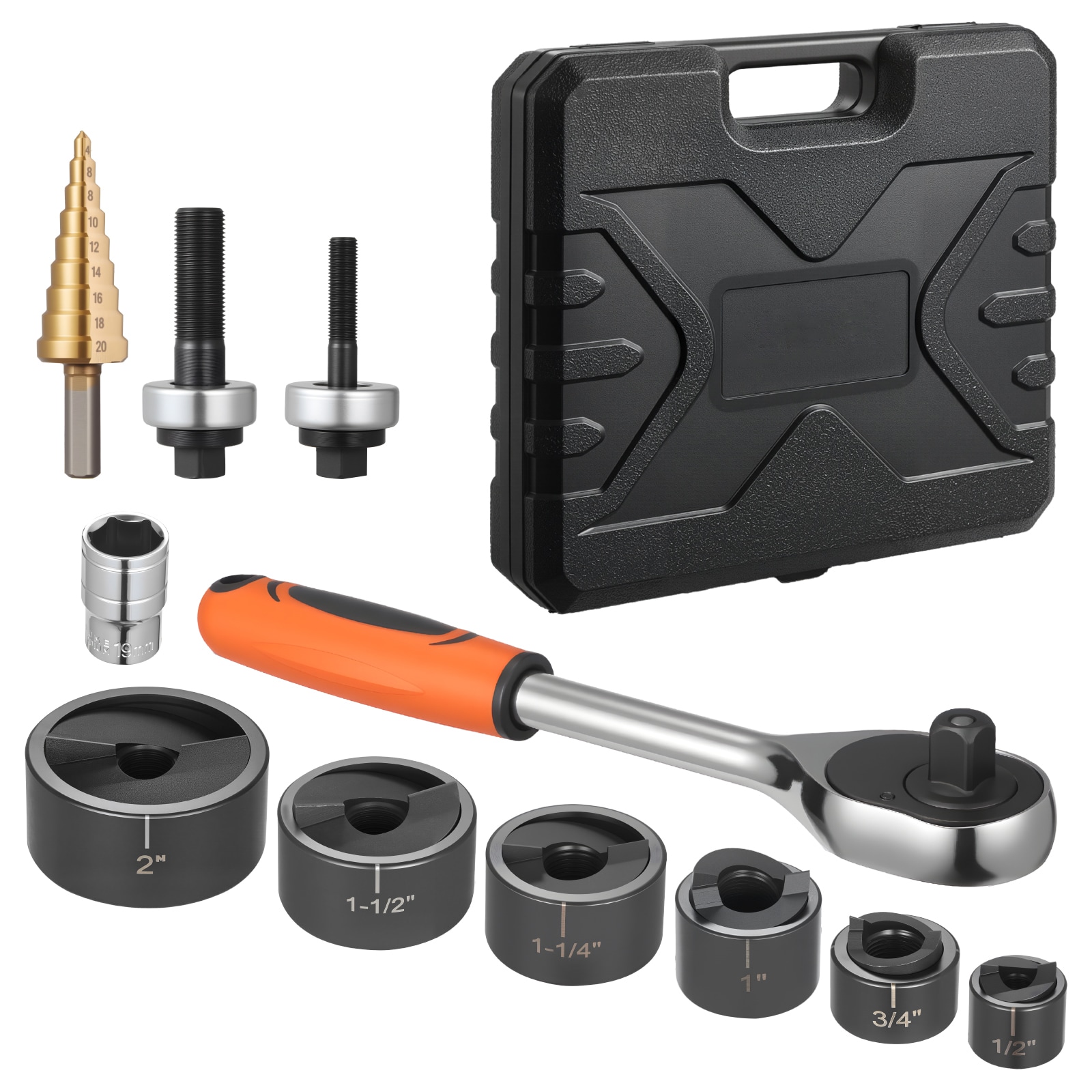 Mecale Ratchet Knockout Punch Set 1/2 to 2 in Conduit with 6 Dies and Ratchet Wrench 40Cr Steel Orange