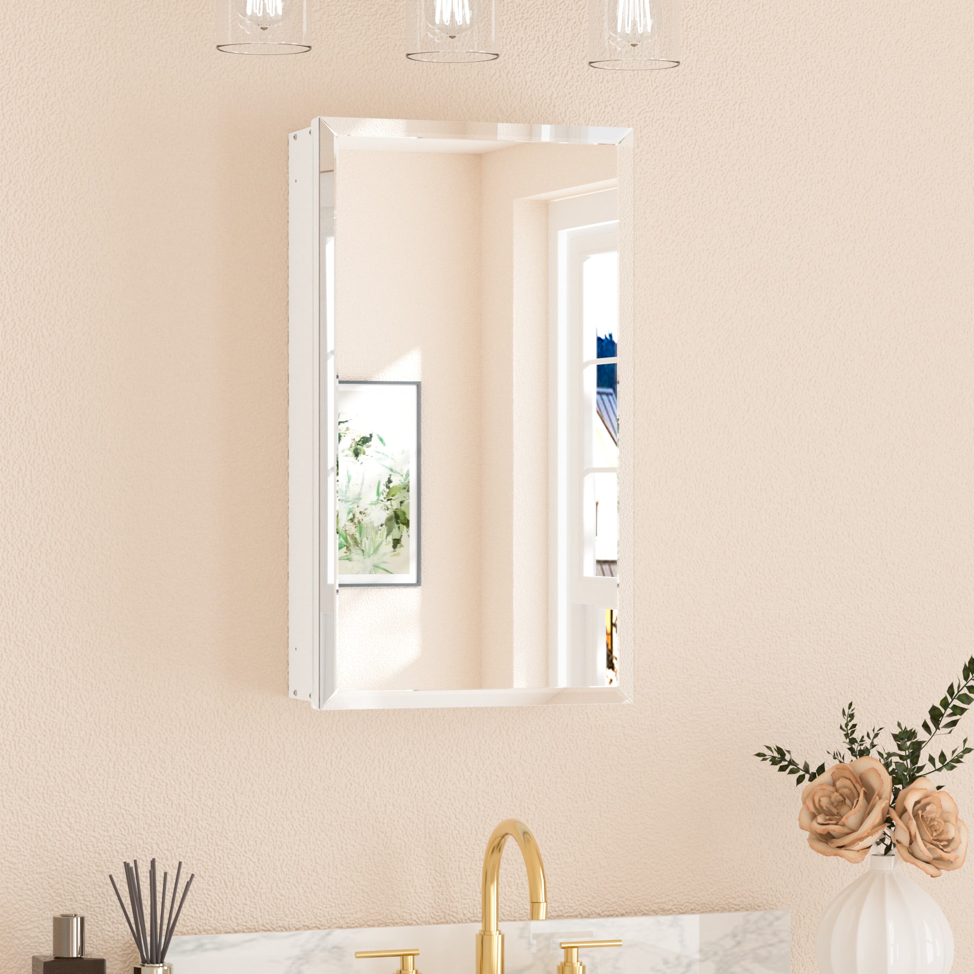 Keonjinn LW-JG-FJXP-3866-WH 15-in x 26-in Surface/Recessed Mount White Mirrored Rectangle Soft Close Medicine Cabinet