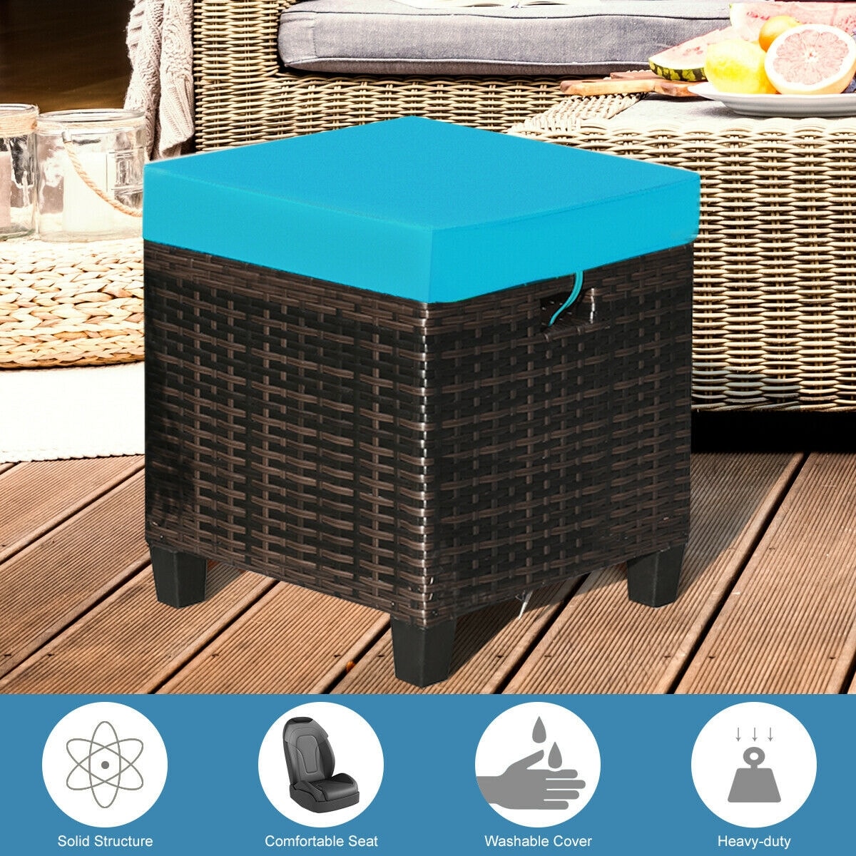 Turquoise Cushioned Rattan Patio Ottoman Set with Steel Frame