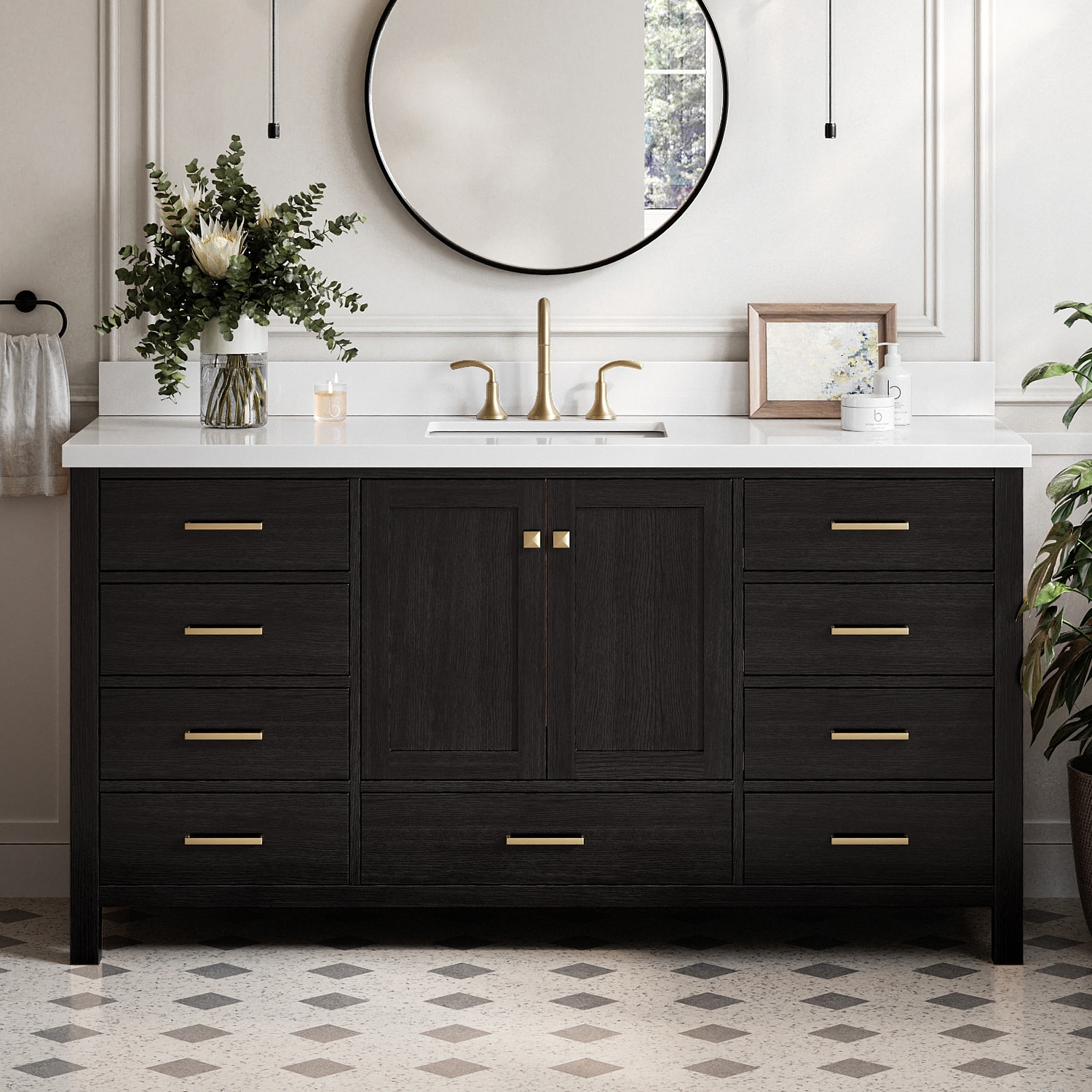 ARIEL Cambridge 66-in Black Oak Undermount Single Sink Bathroom Vanity with Pure White Quartz Quartz Top