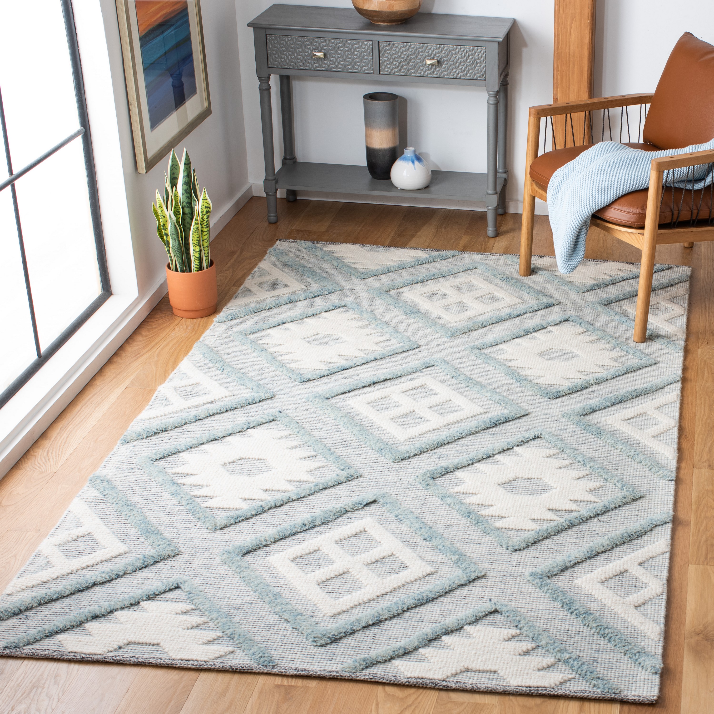 Blue Geometric Hand-Knotted Wool Area Rug, 3' x 5'