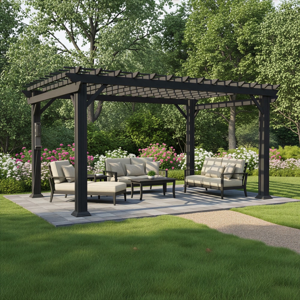 Range Outdoor Living Stratford Pergola 14-ft W x 10-ft L x 7-ft 8-in H Black Metal Freestanding Pergola