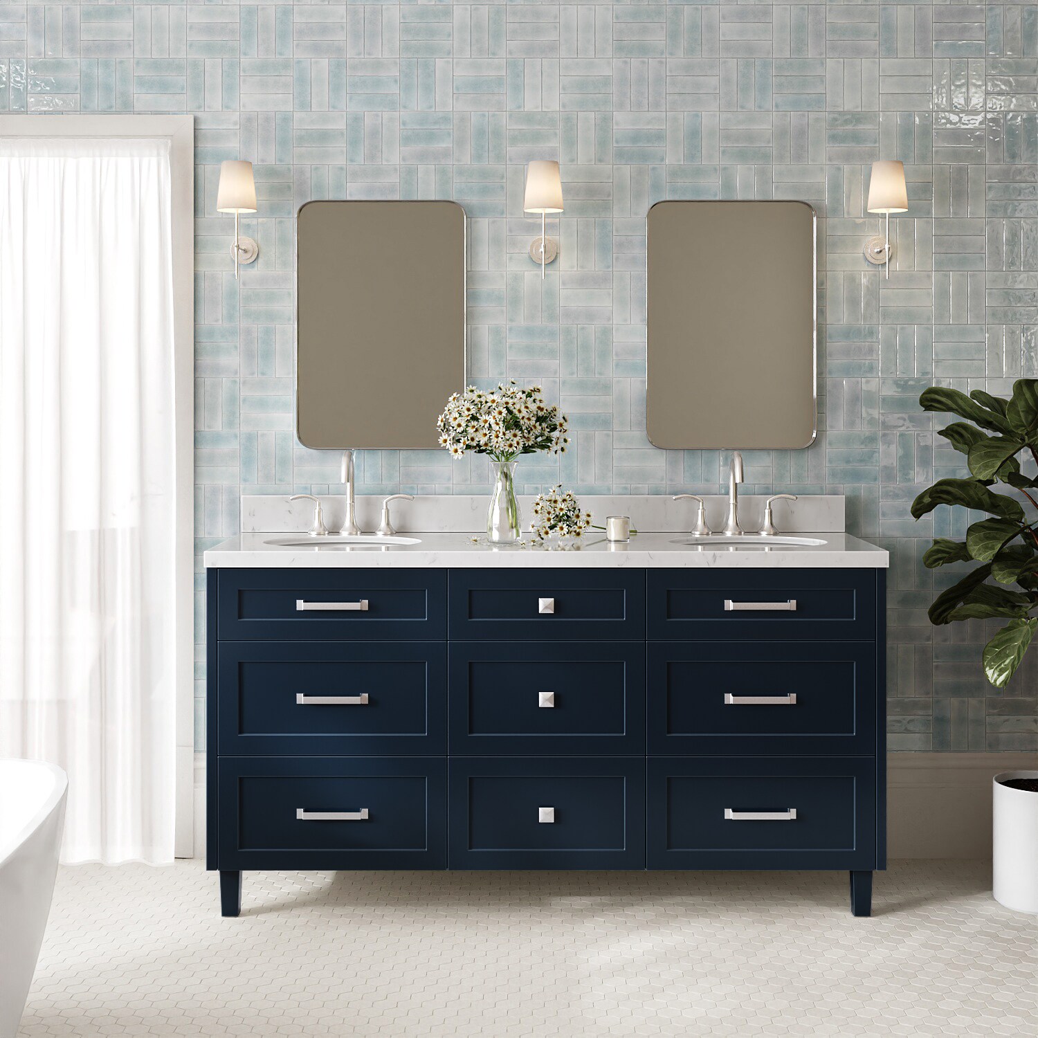 ARIEL - Monroe 66-in Midnight Blue Undermount Double Sink Bathroom Vanity with Carrara White Quar...
