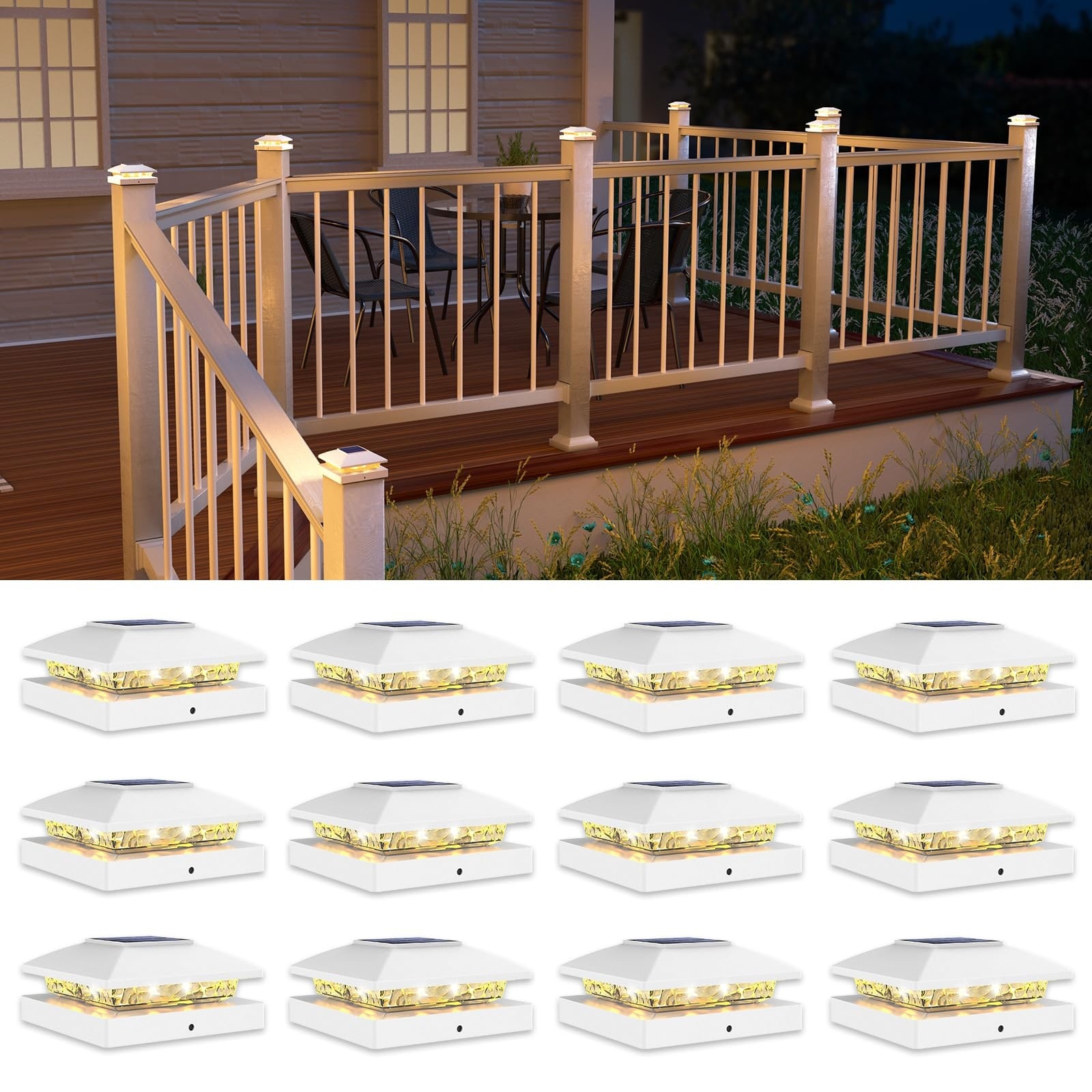 Oyezvary  12 Pack 4x4 Solar Post Cap Lights Outdoor Waterproof Warm White for Wooden or Vinyl Posts 4.3 x 4.3 x 2 Inch Deck Fence Garden Patio