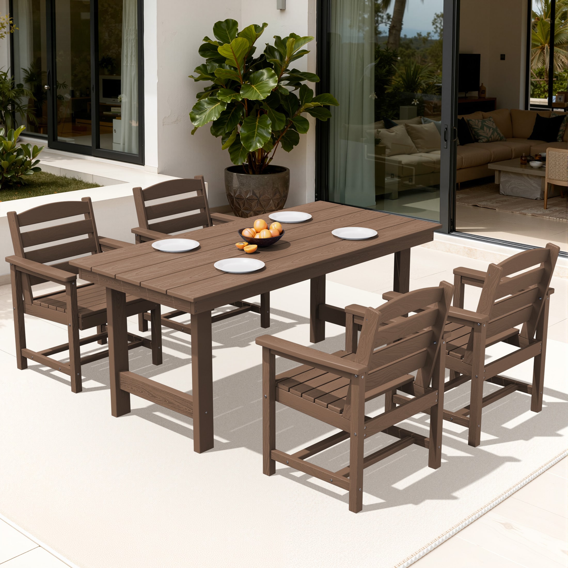 Serwall - Outdoor 5-Piece HDPE Patio Dining Set Rectangle 66.93-in L Dining Table with Umbrella H...