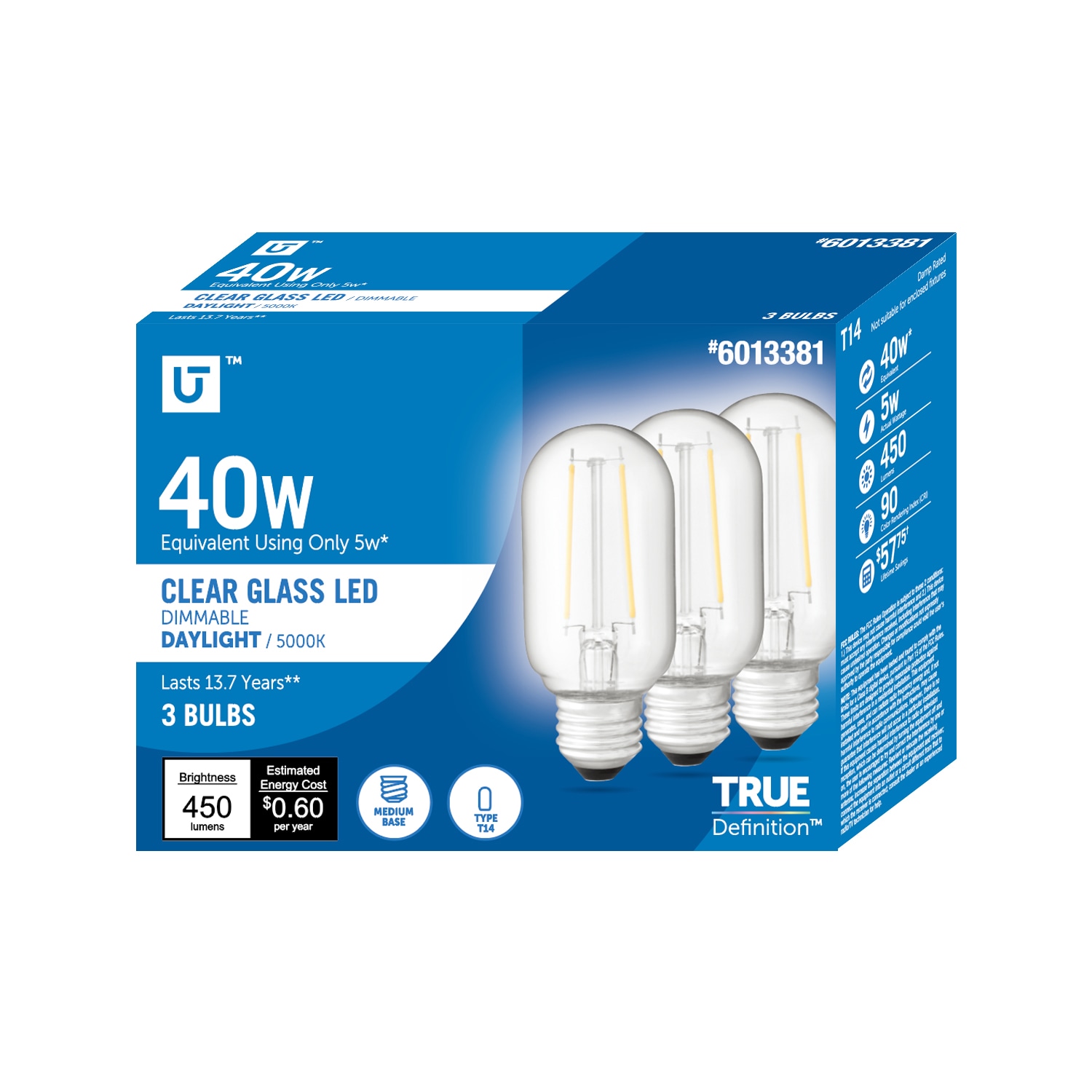 Utilitech 16C11-T14-C-5W-950 Clear Glass 40 -Watt EQ T14 Daylight E26 Dimmable LED General purpose Light Bulb 3 -Pack