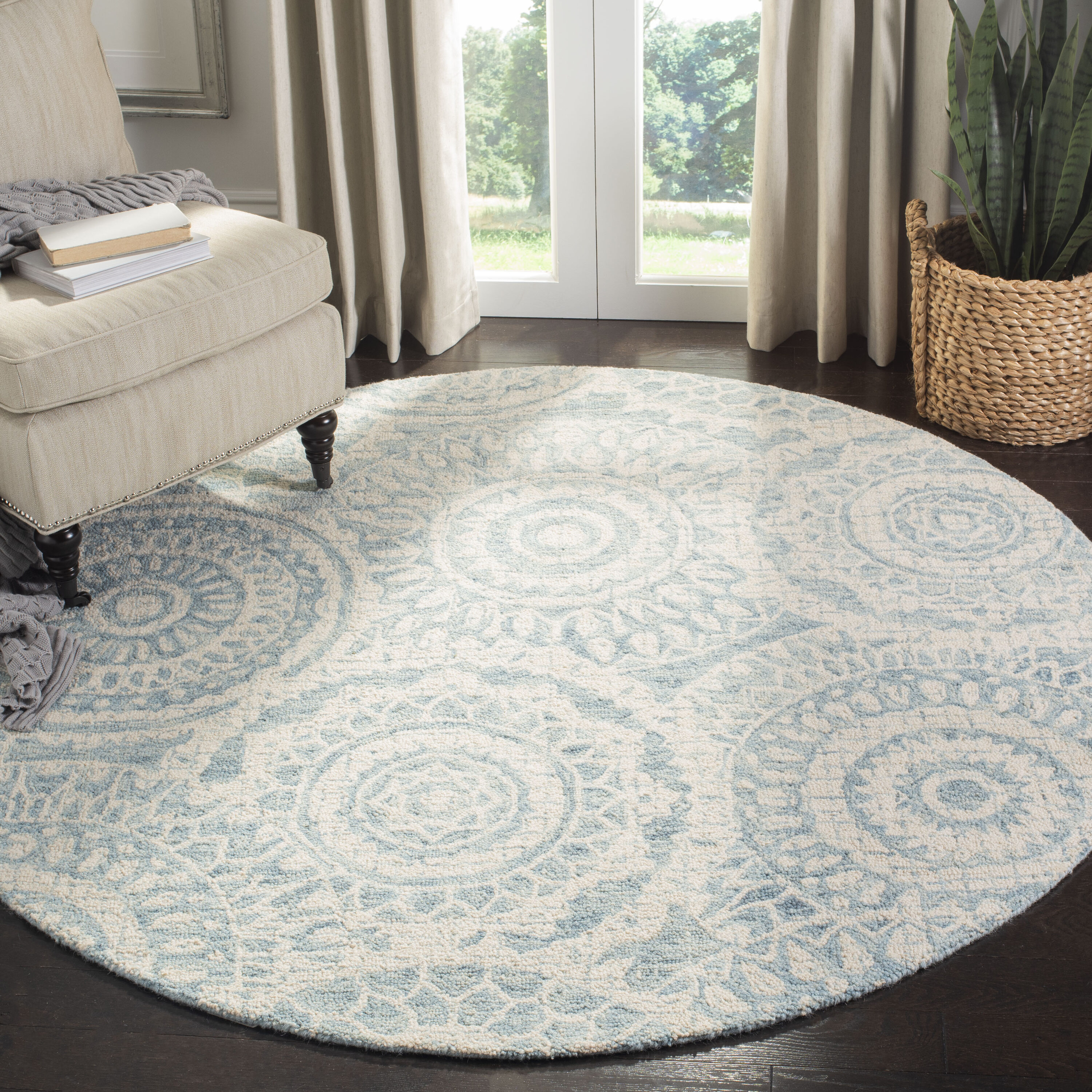  Abstract 205 Ivory/Blue Transitional 6ft x 6ft Round Rug