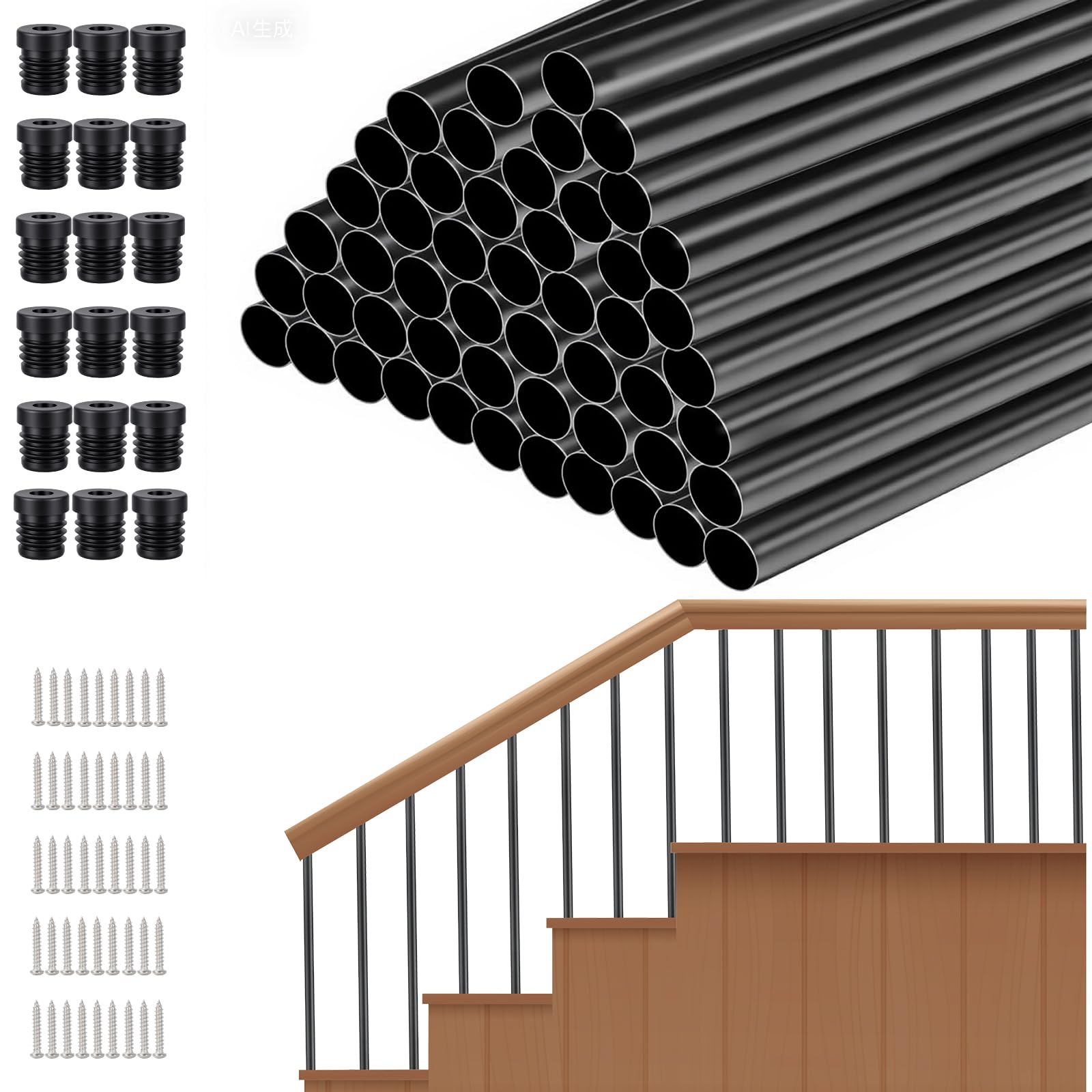 AKSCYZM  50 Pack 32 in Aluminum Deck Balusters 3 quarter Round with Screws and Connectors Black Deck Rail Spindles for Wood Composite Fencing