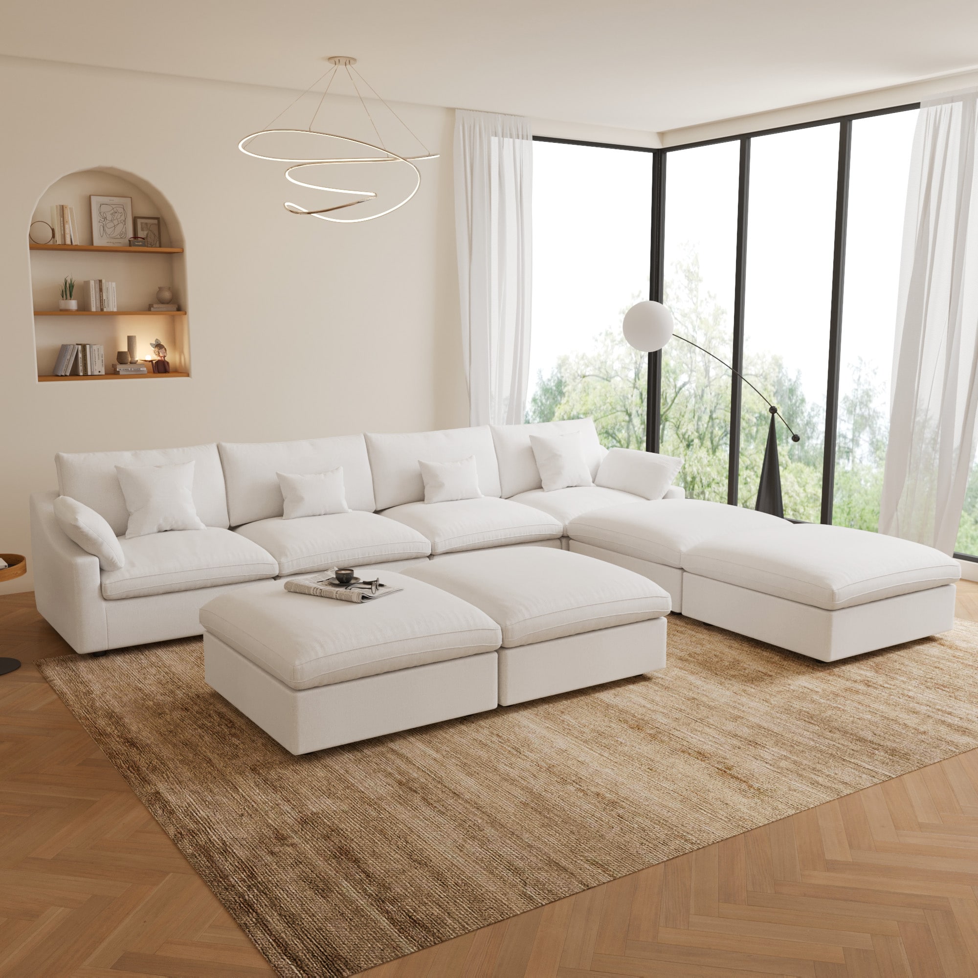 BuotiqHom DH-S4+4-140WE 156-in Modern White Linen 6+ -seater Sectional