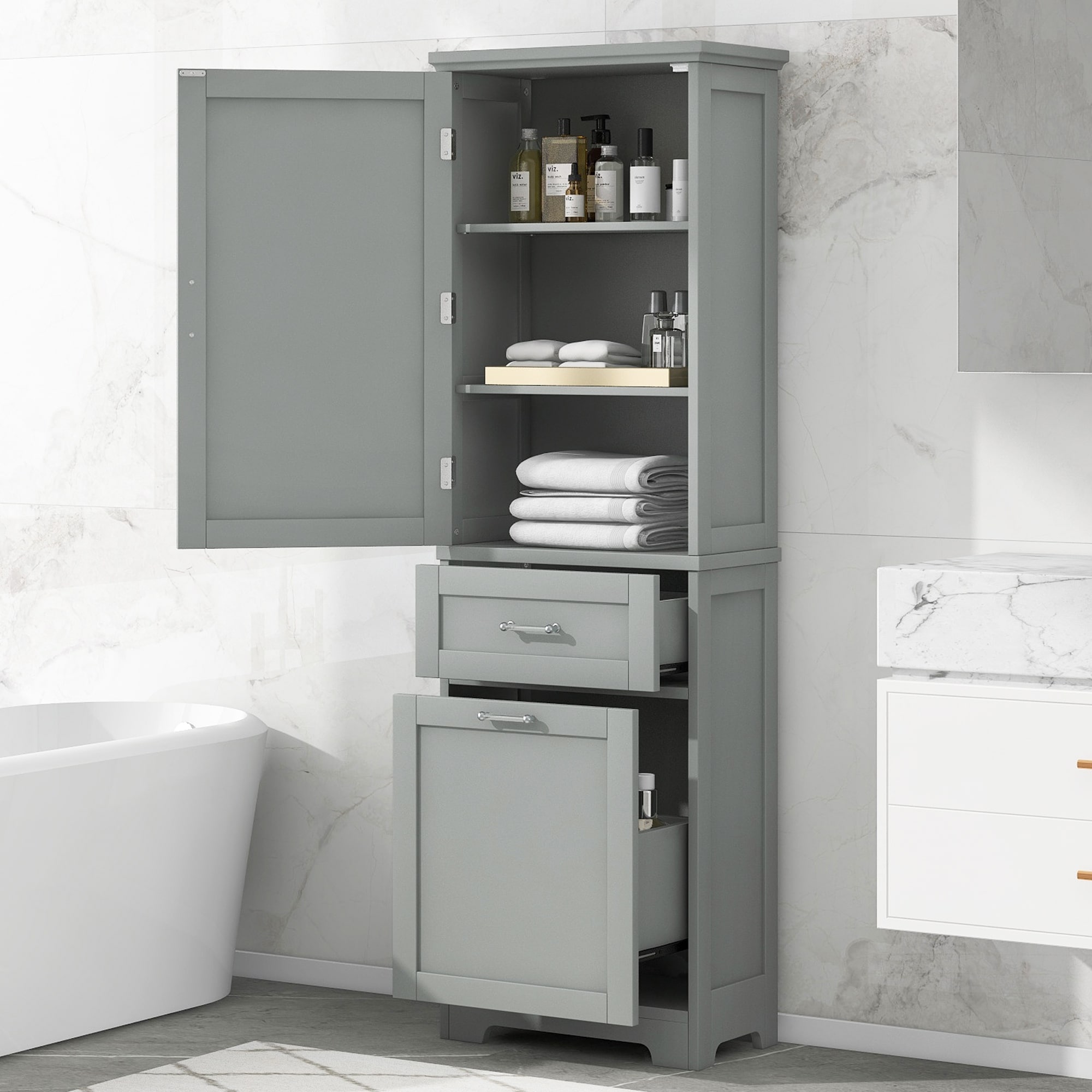Dexmalle N725P206895E 68.40 Inch Grey Freestanding Tall Bathroom Storage Cabinet with Adjustable Shelf