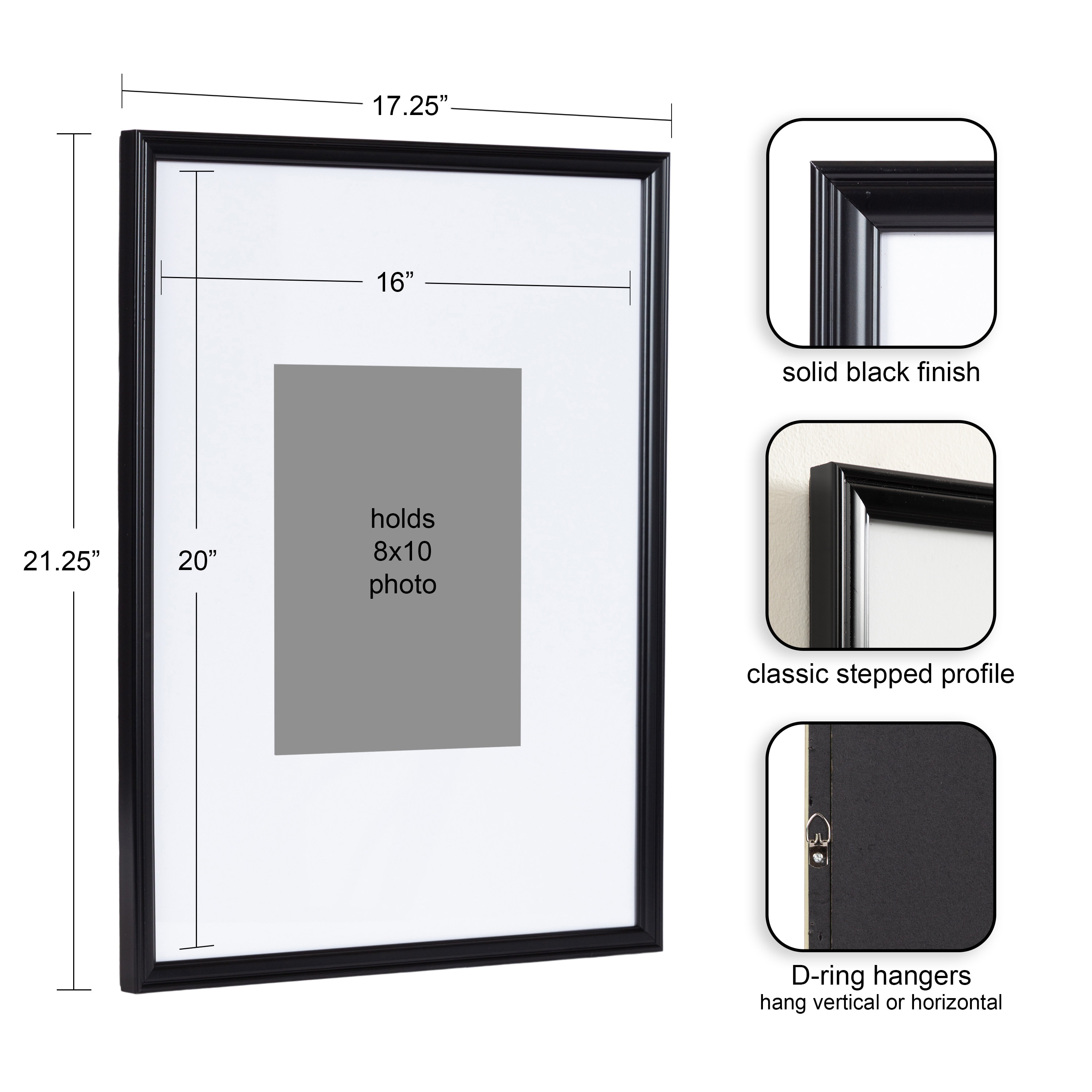 Black Polystyrene 16x20 Picture Frame Set with Glass Cover