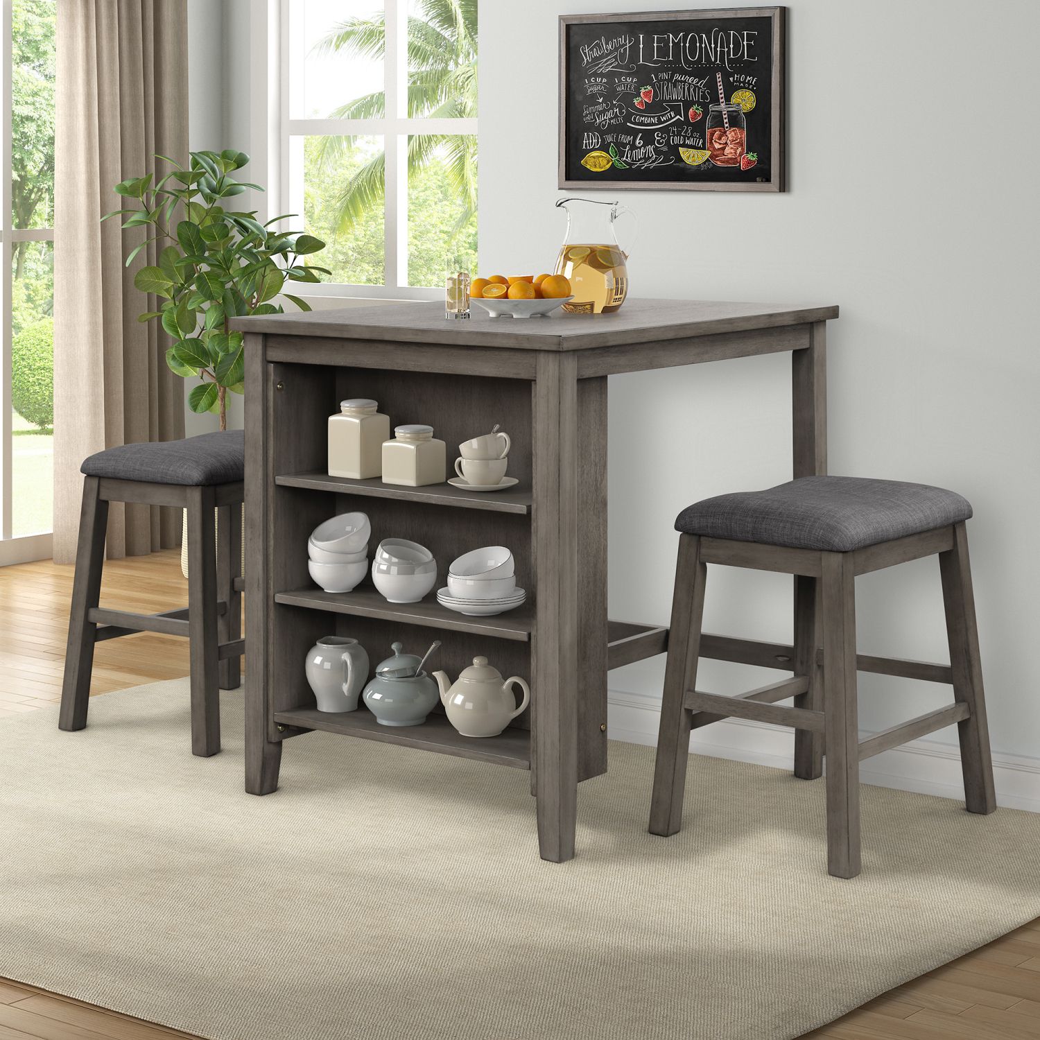 JASMODER WF194545AAE 3 Piece Dining Table With Padded Stools, Table Set With Storage Shelf, Dark Gray